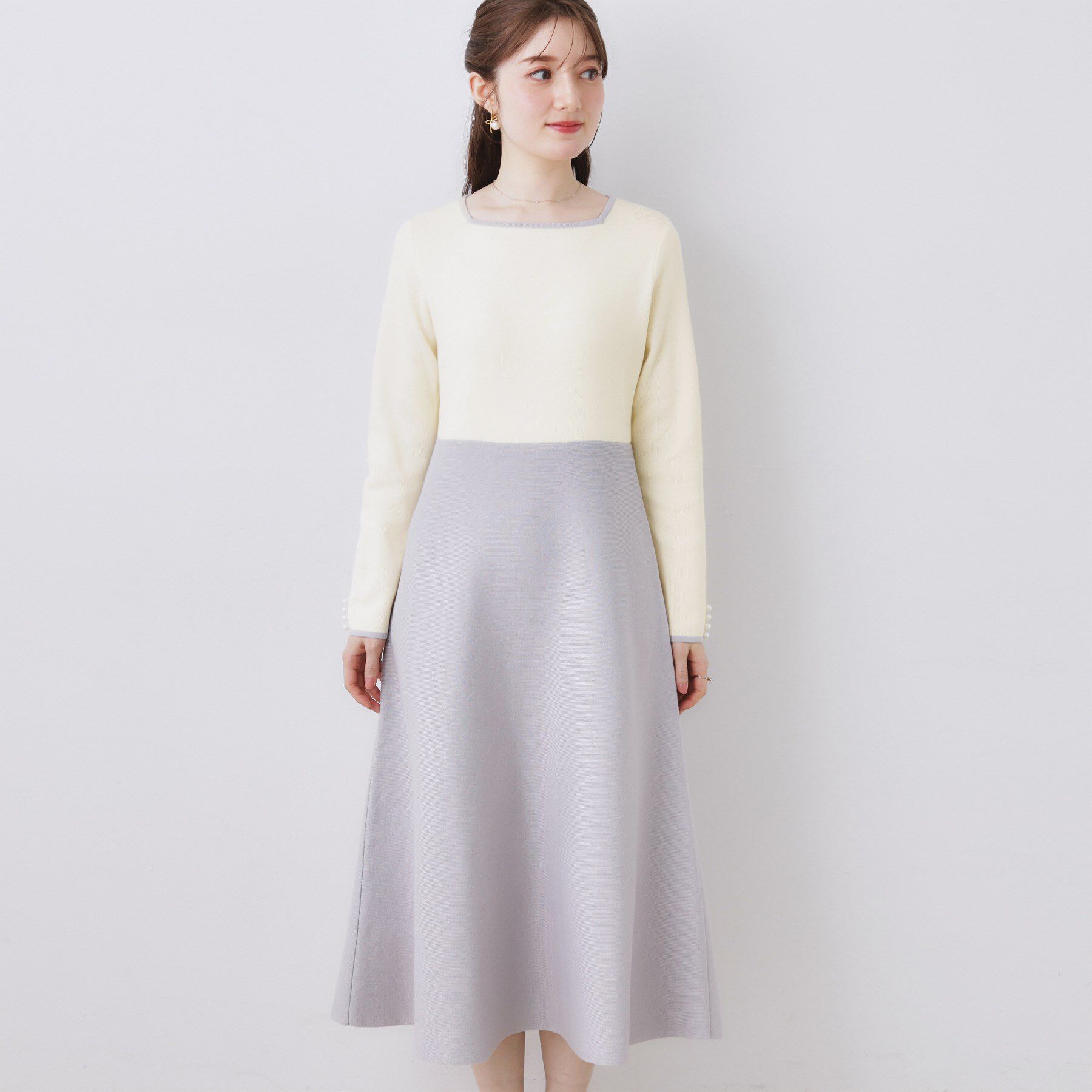 Couture broach「【通勤】スクエアネック バイカラー ニットワンピース」|ワンピース|