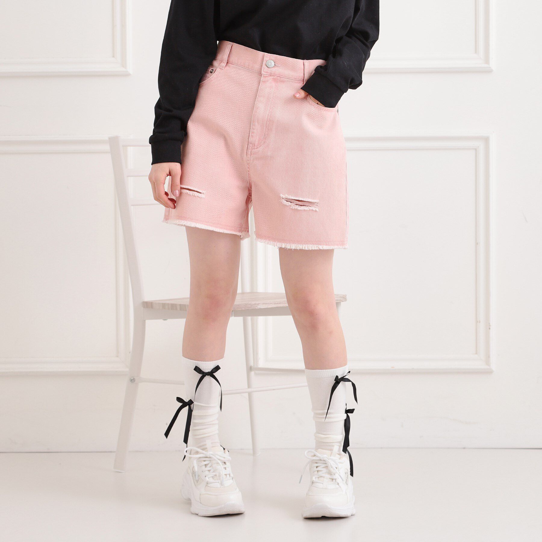 PINK-latte「ダメージショートパンツ」|キュロット|ピンク(071)