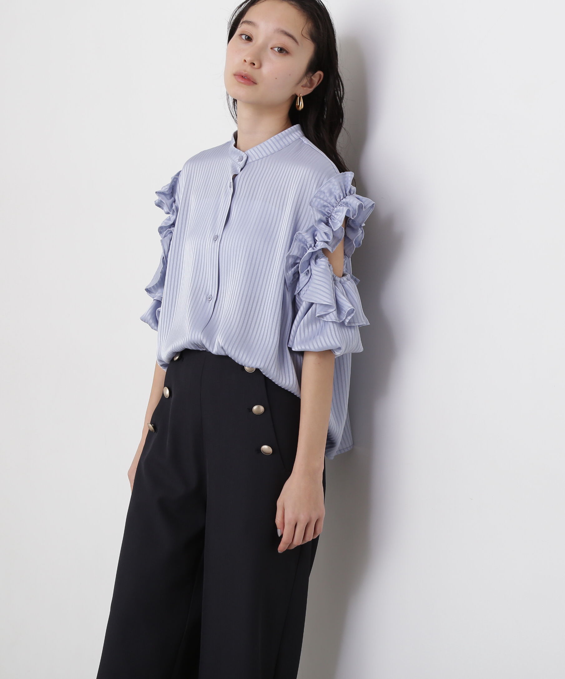  「ラッフルスリーブブラウス」|シャツ・ブラウス|ブルー