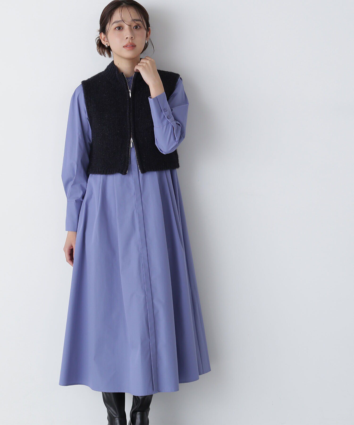  「ラメニットベスト＆シャツワンピース」|ワンピース|