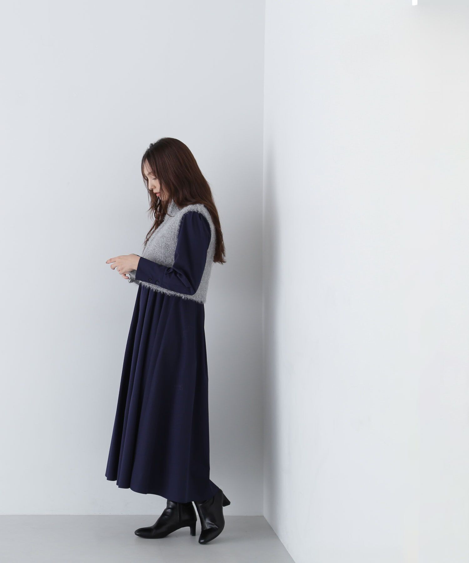  「ラメニットベスト＆シャツワンピース」|ワンピース|