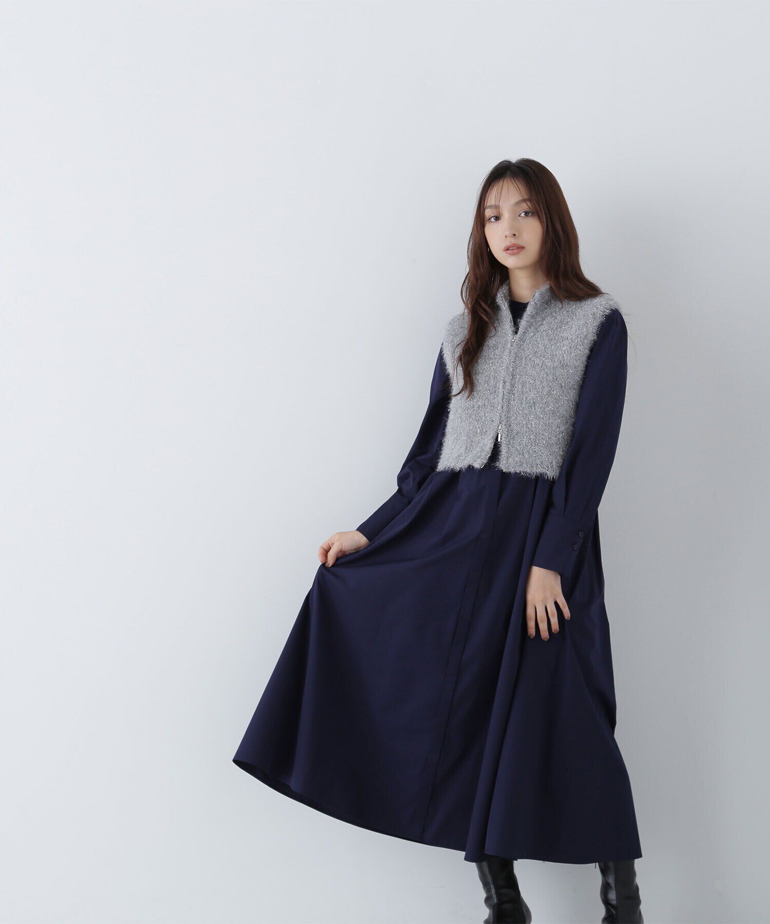  「ラメニットベスト＆シャツワンピース」|ワンピース|