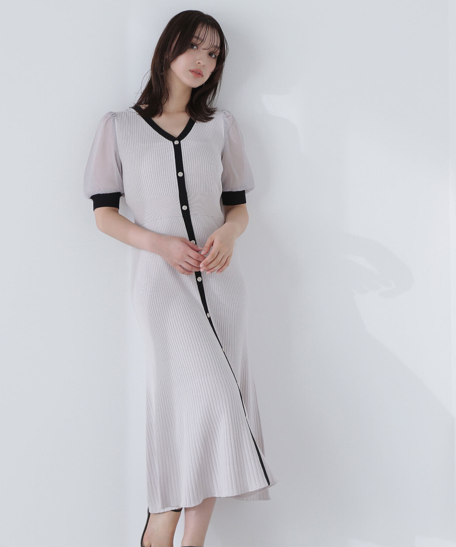  「シアースリーブバイカラーニットワンピース」|ワンピース|