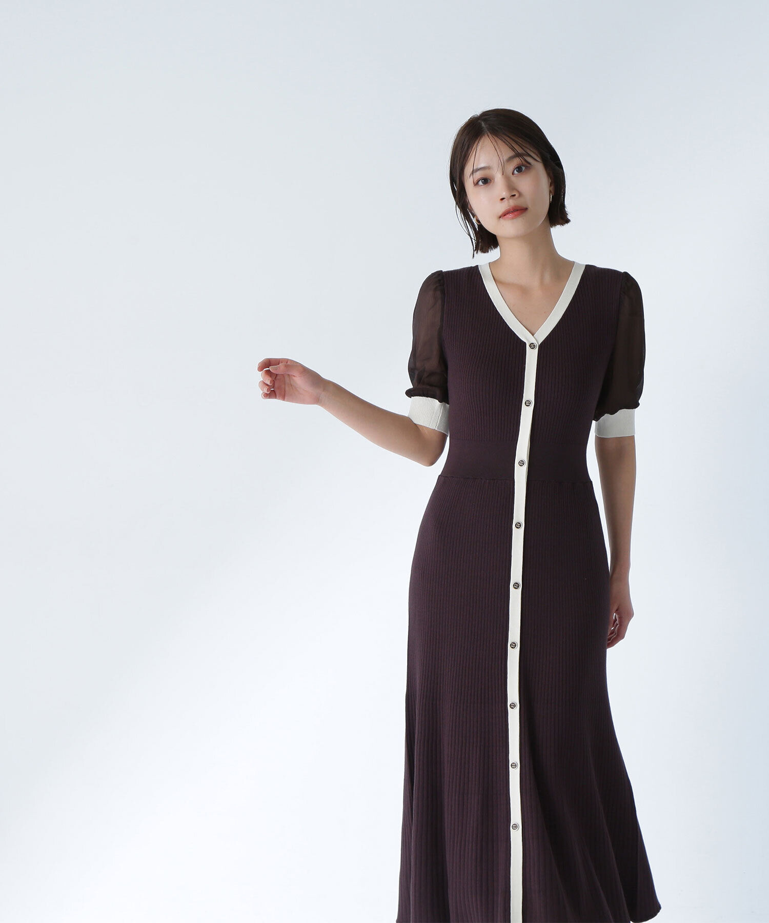  「シアースリーブバイカラーニットワンピース」|ワンピース|