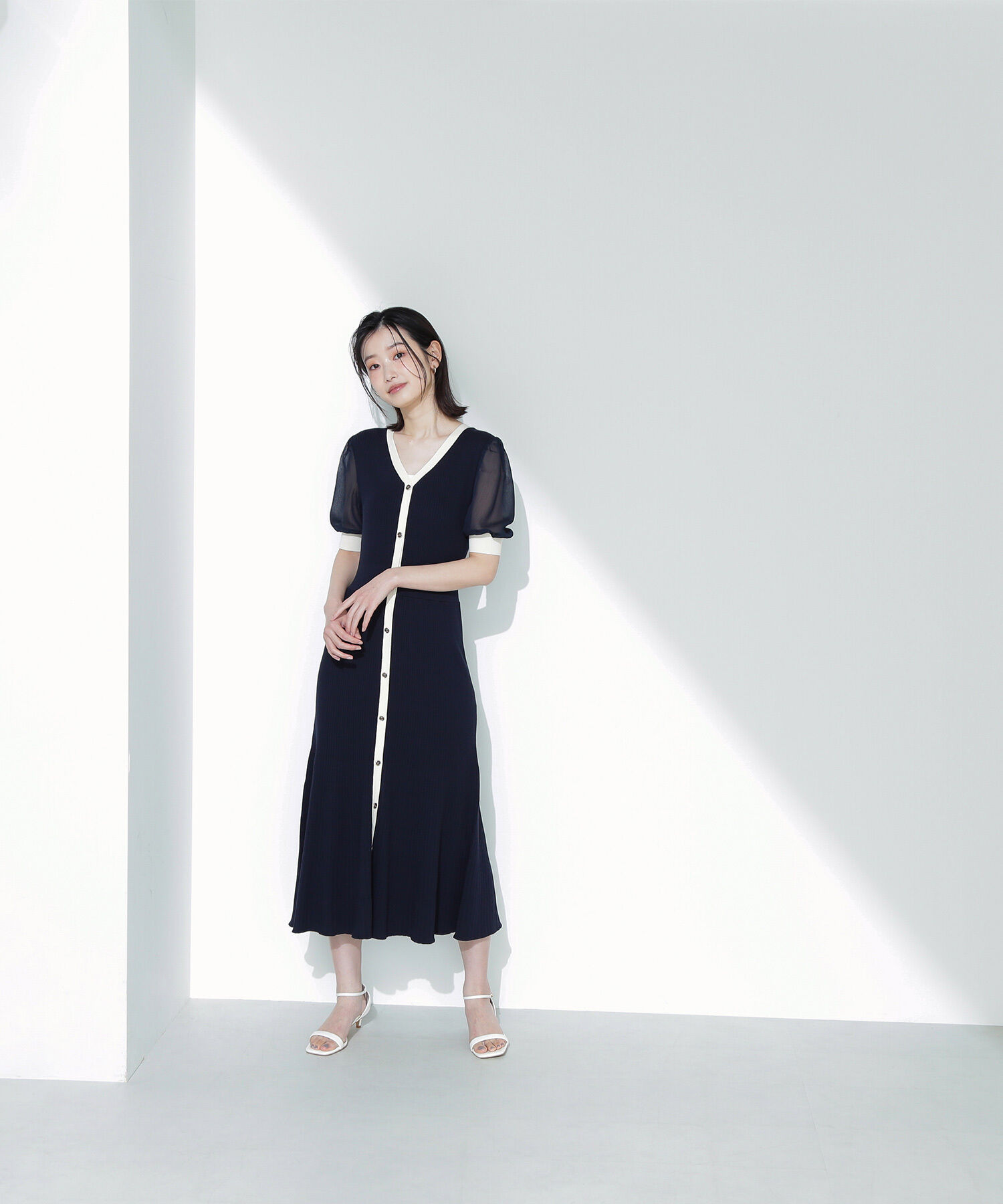  「シアースリーブバイカラーニットワンピース」|ワンピース|