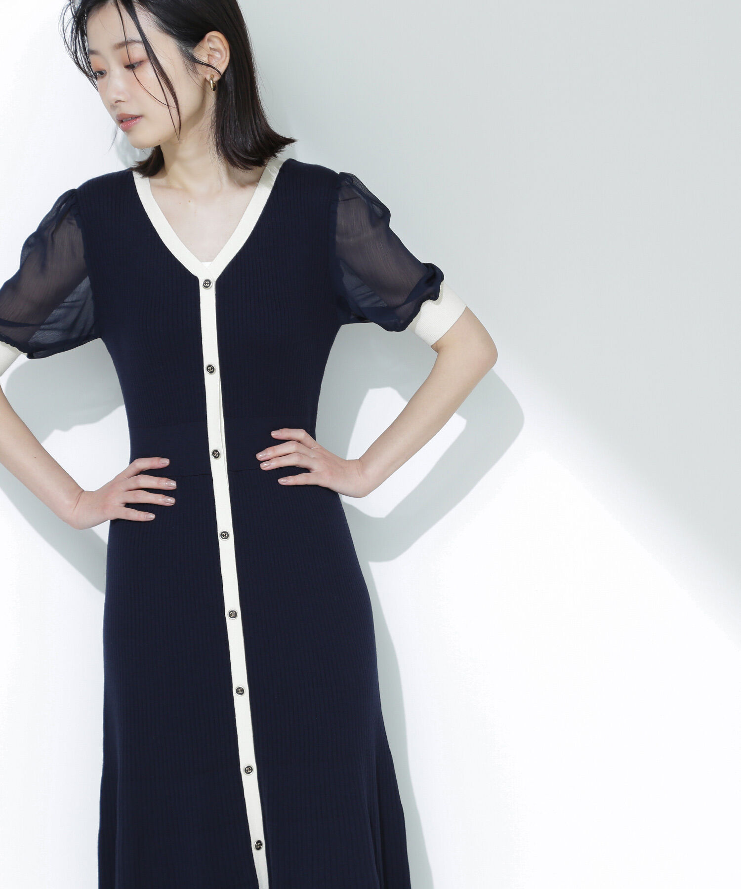  「シアースリーブバイカラーニットワンピース」|ワンピース|