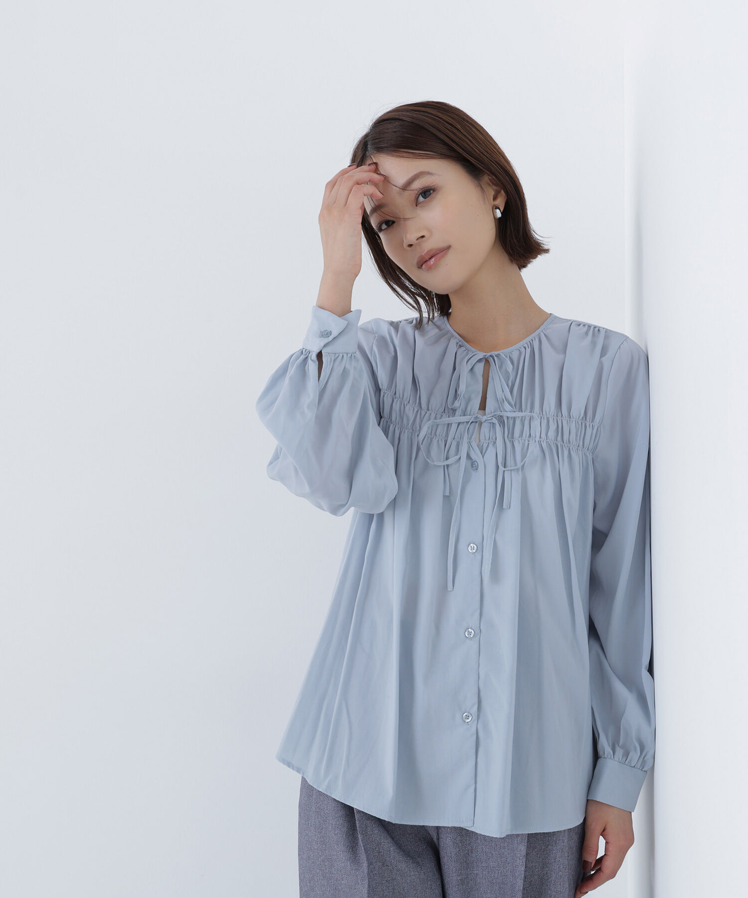  「リボンギャザーブラウス」|シャツ・ブラウス|ブルー