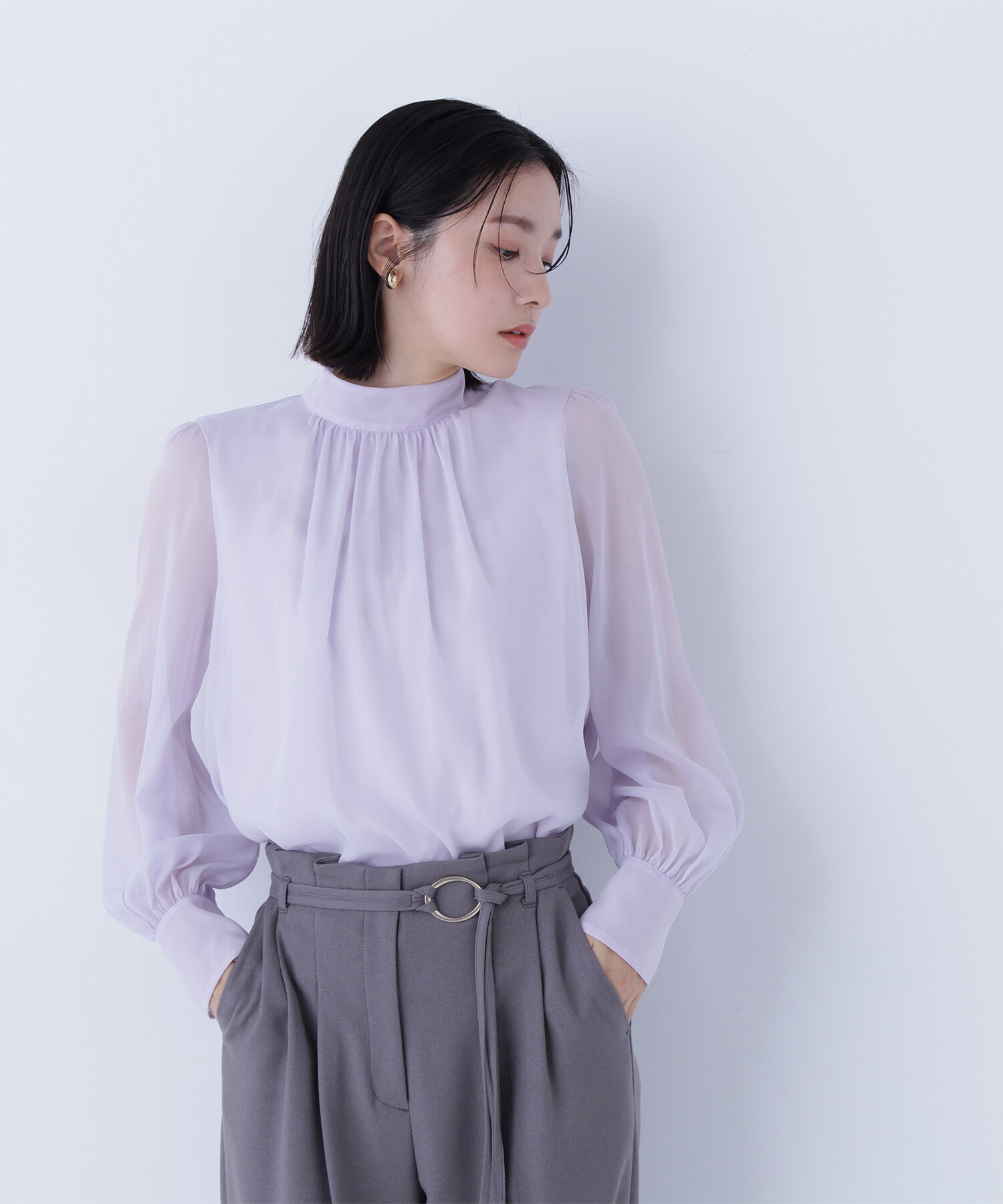  「ハイネックボリュームシアーブラウス」|シャツ・ブラウス|ラベンダー