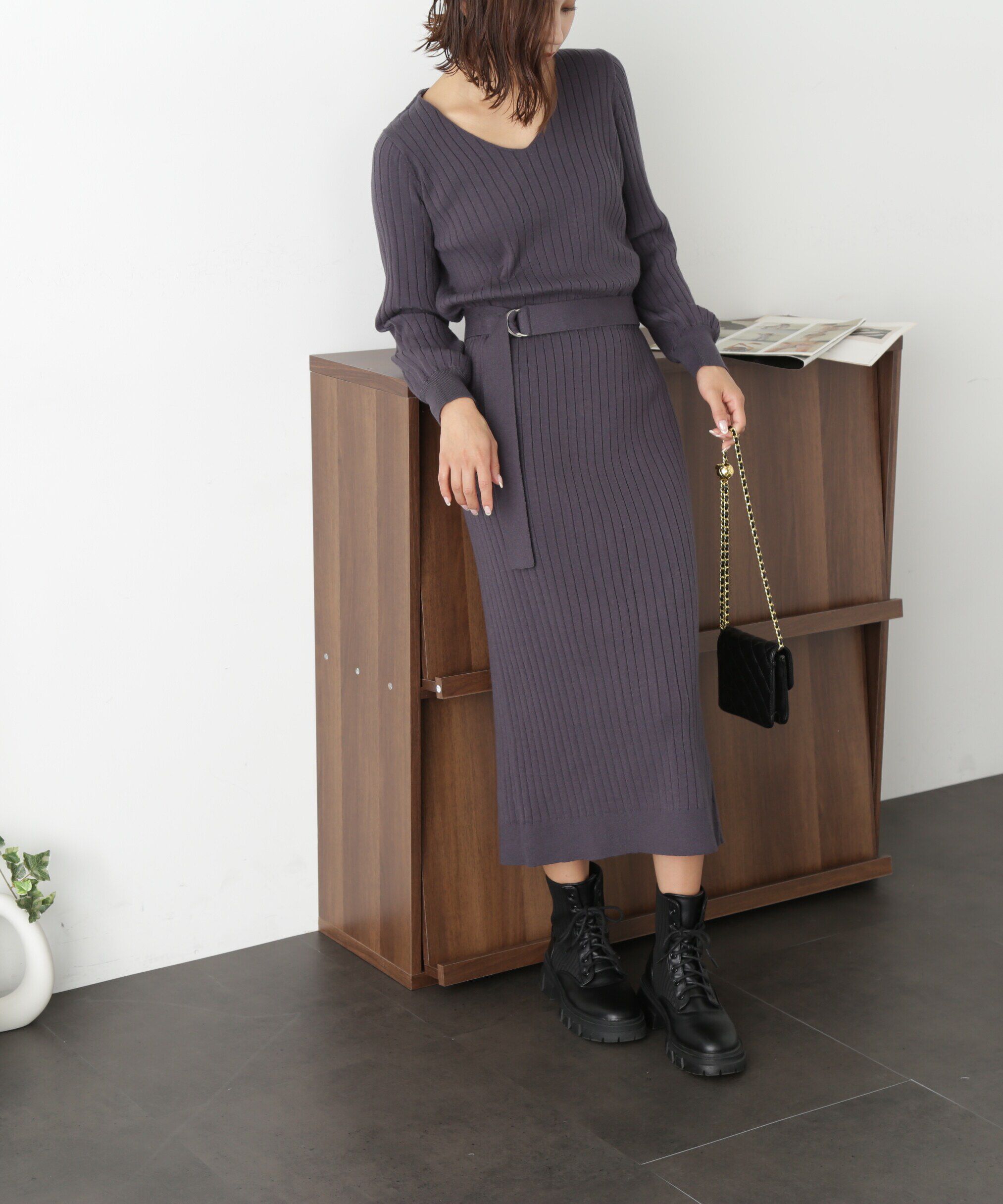  「ウォームストレッチリブブラウジングニットワンピース」|ワンピース|