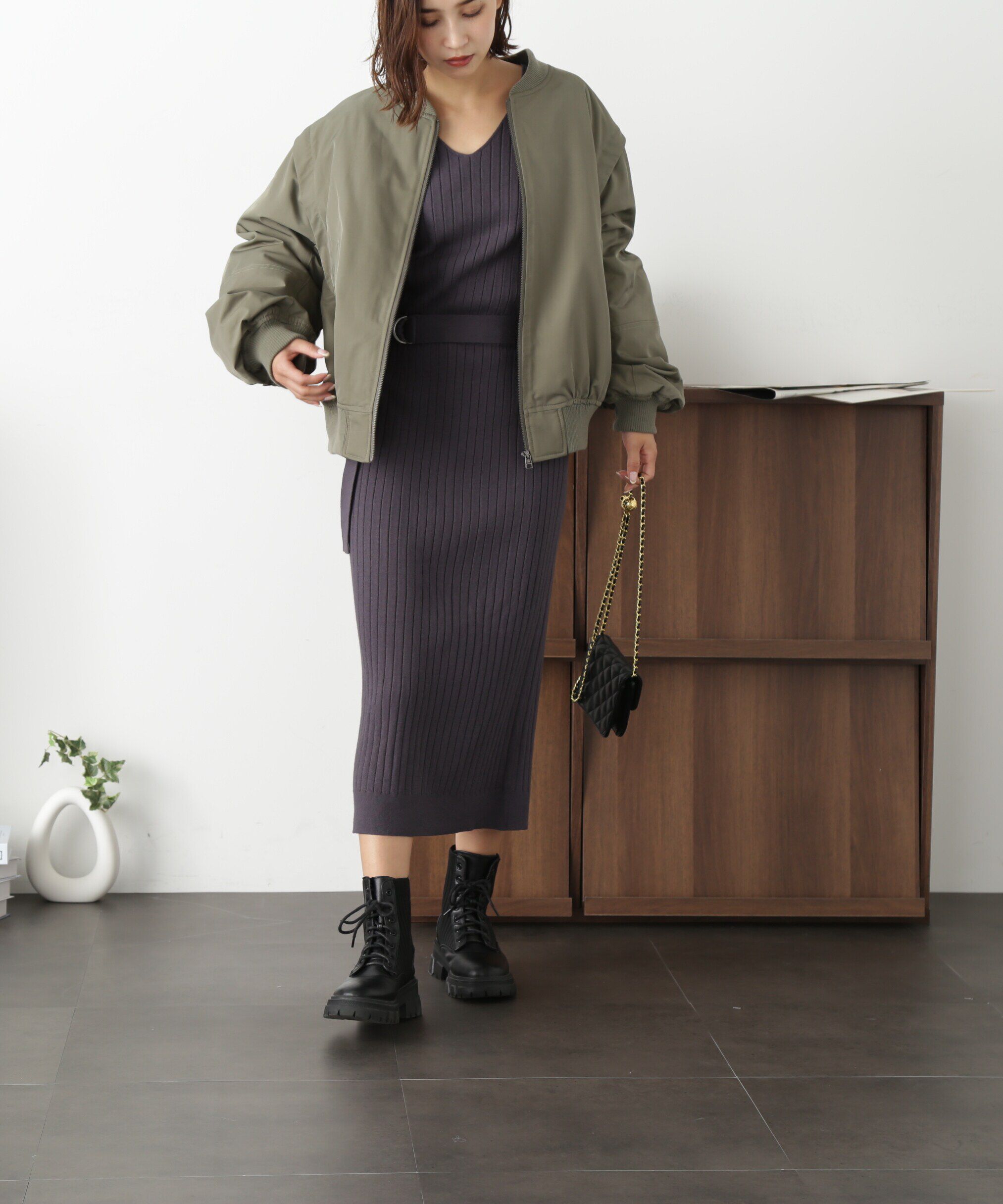  「ウォームストレッチリブブラウジングニットワンピース」|ワンピース|