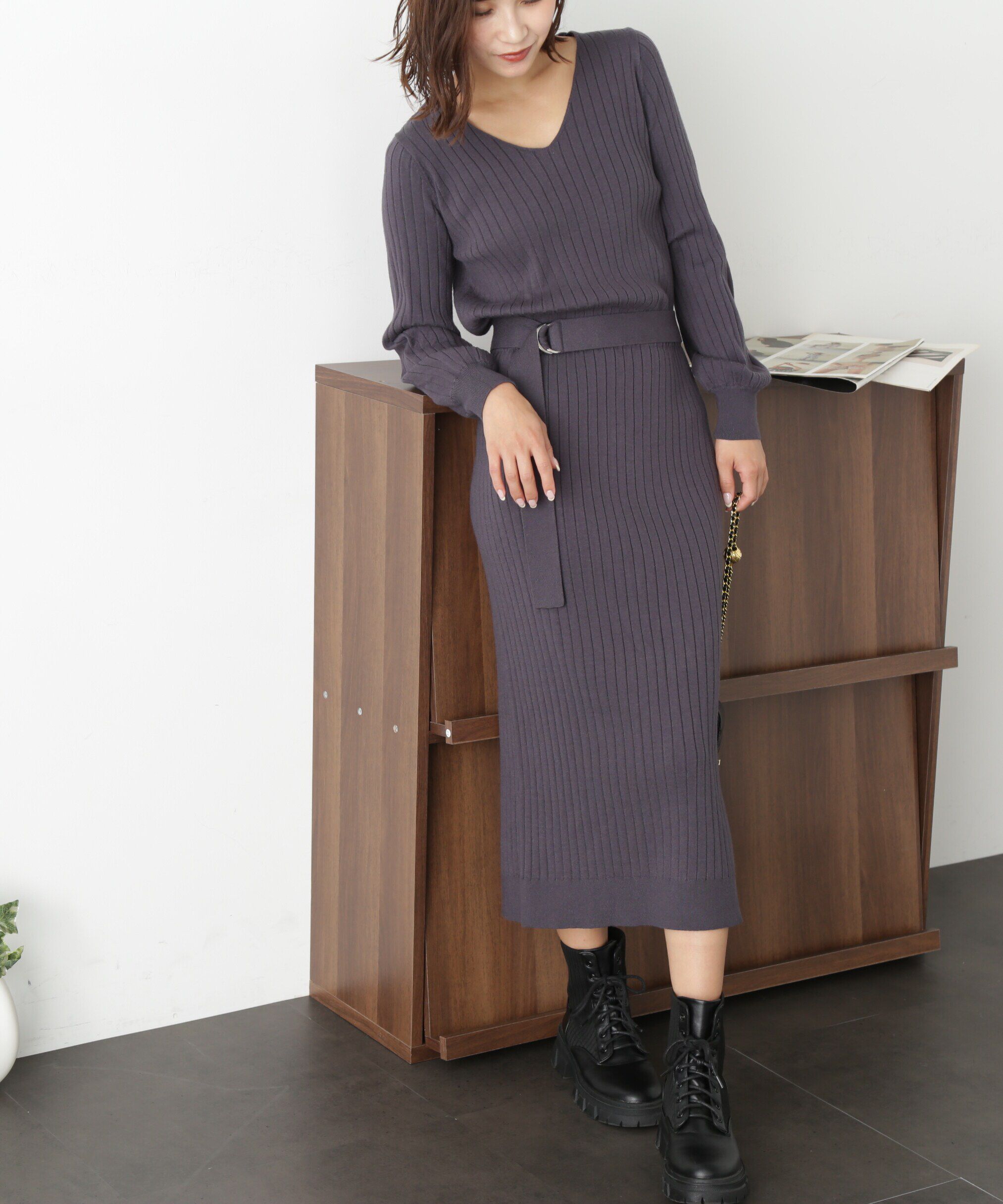  「ウォームストレッチリブブラウジングニットワンピース」|ワンピース|