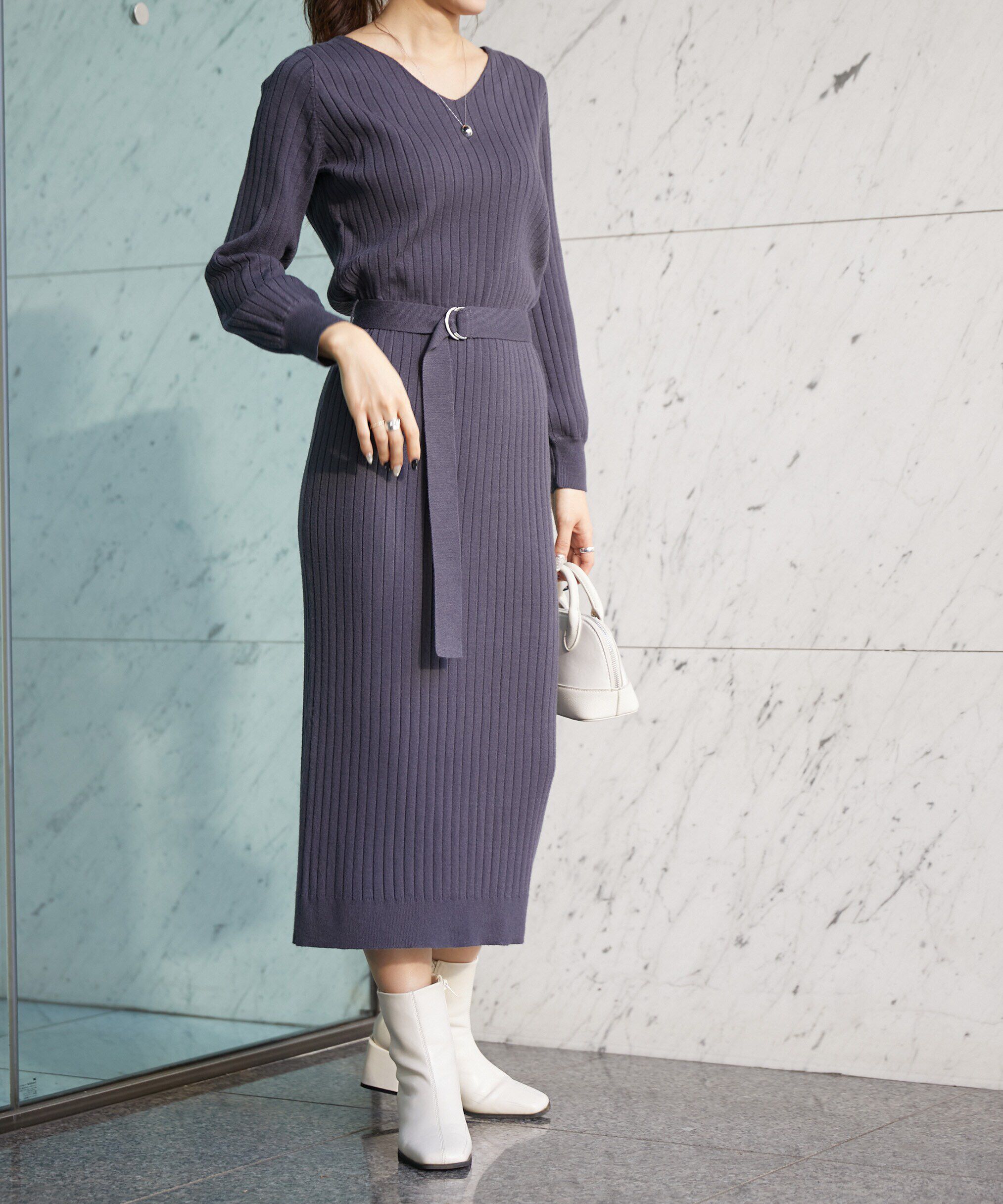  「ウォームストレッチリブブラウジングニットワンピース」|ワンピース|
