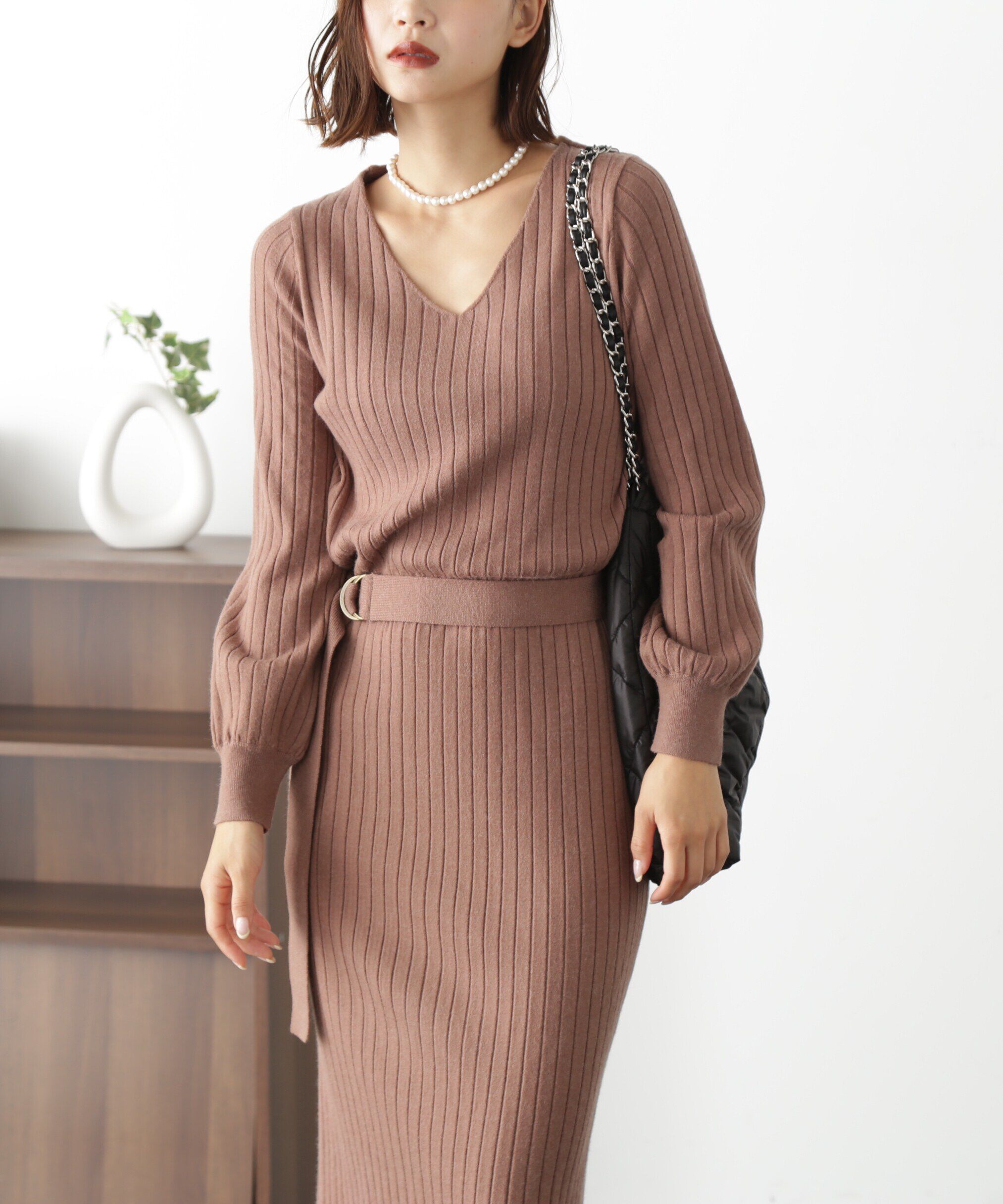  「ウォームストレッチリブブラウジングニットワンピース」|ワンピース|