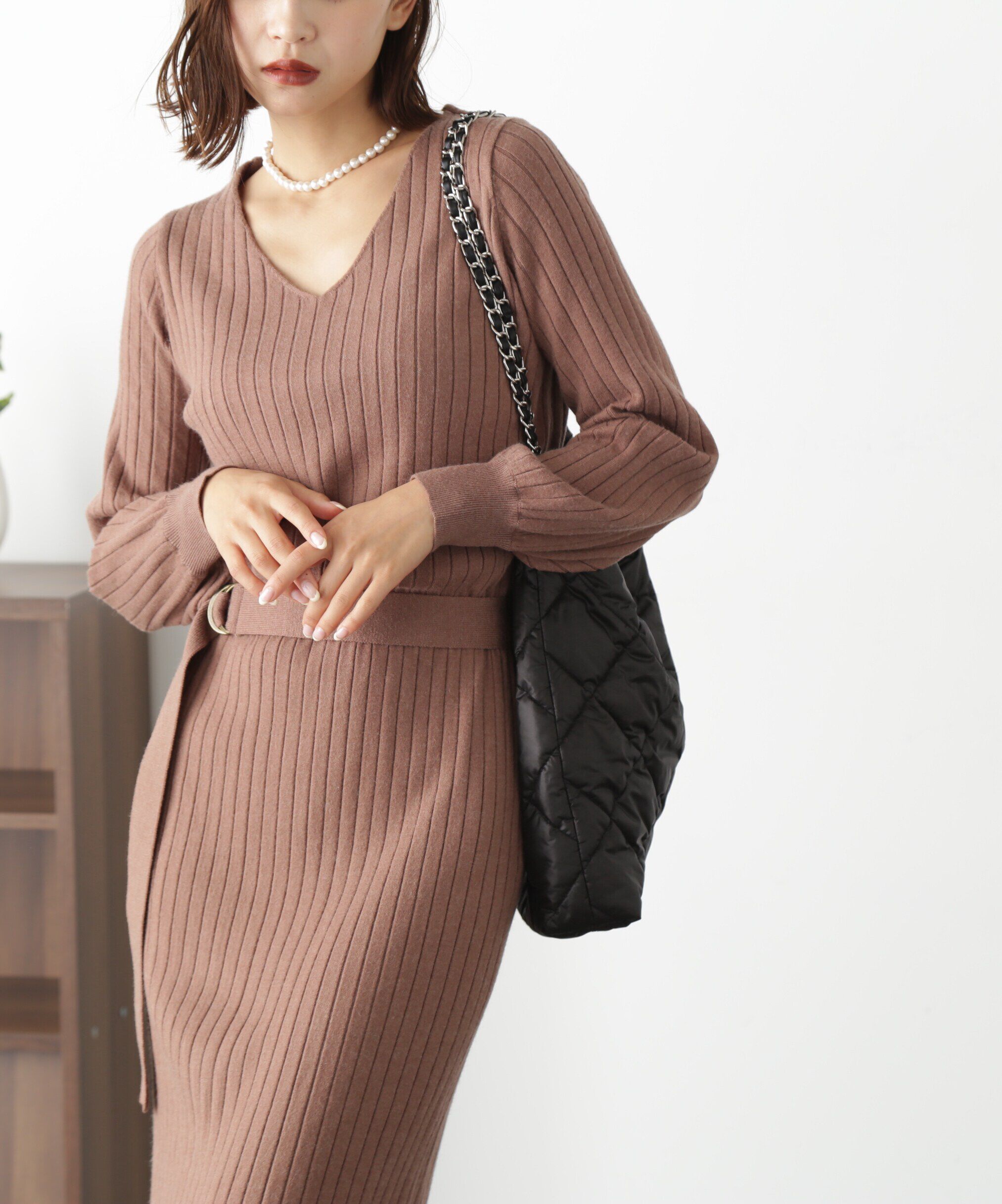  「ウォームストレッチリブブラウジングニットワンピース」|ワンピース|