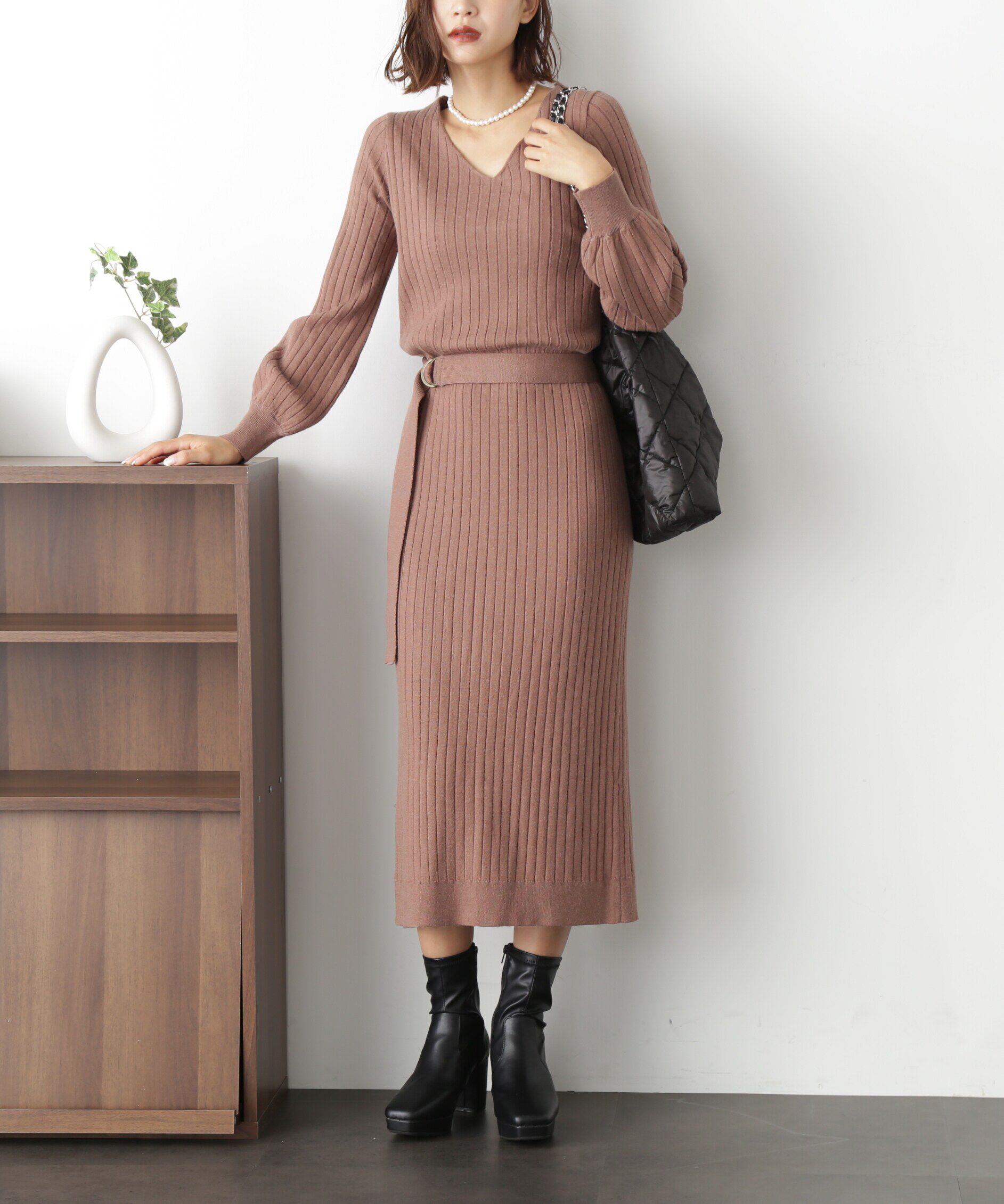  「ウォームストレッチリブブラウジングニットワンピース」|ワンピース|