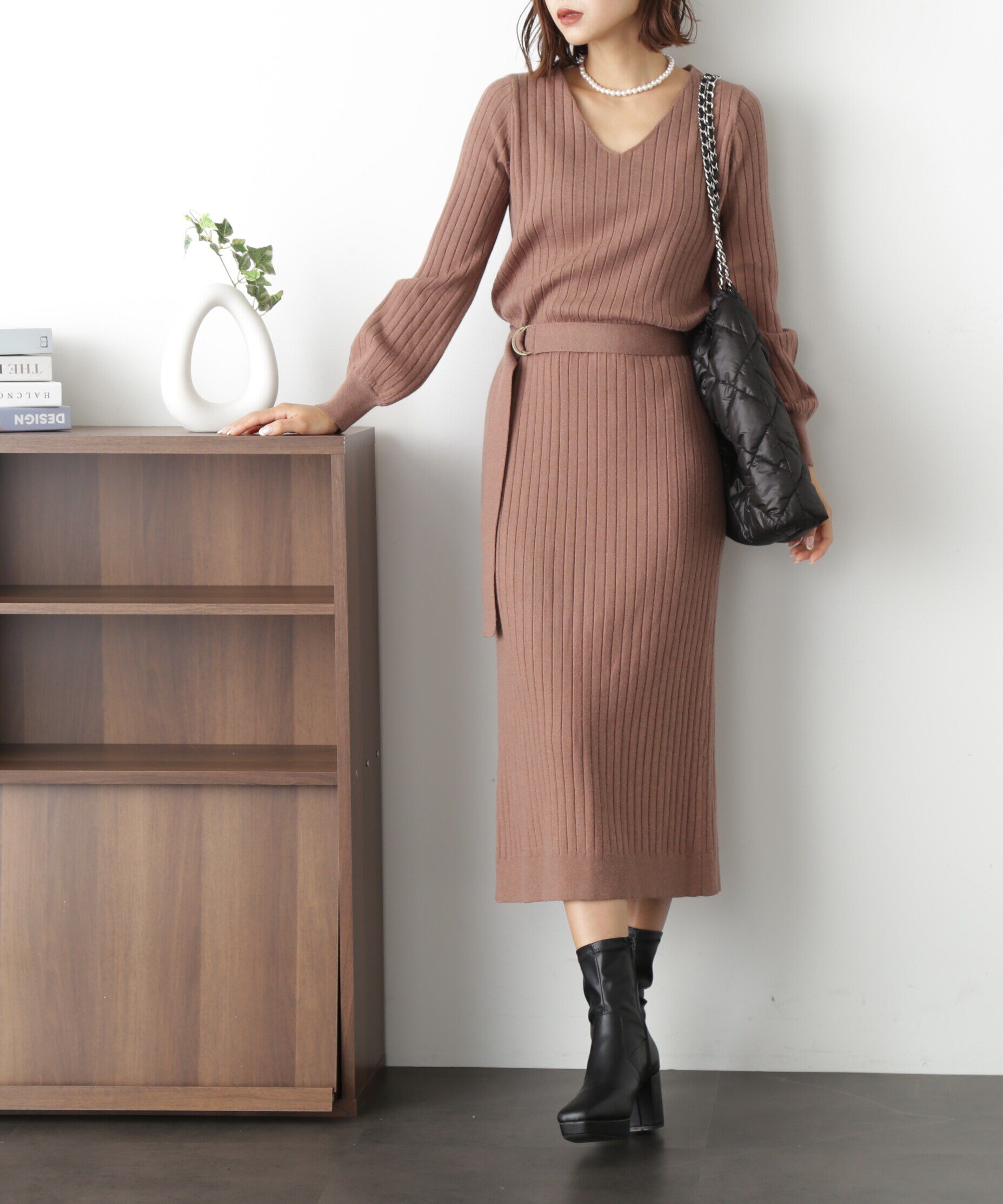  「ウォームストレッチリブブラウジングニットワンピース」|ワンピース|