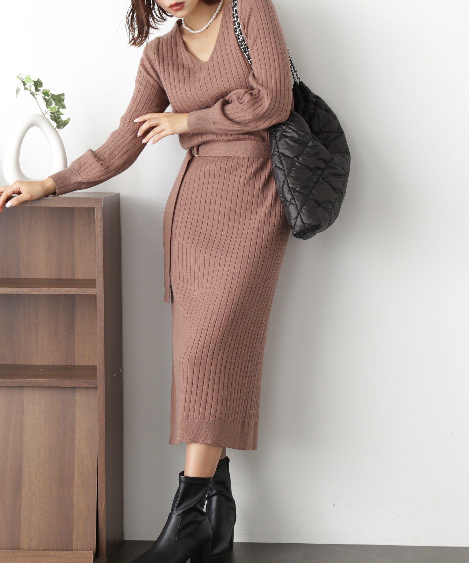  「ウォームストレッチリブブラウジングニットワンピース」|ワンピース|