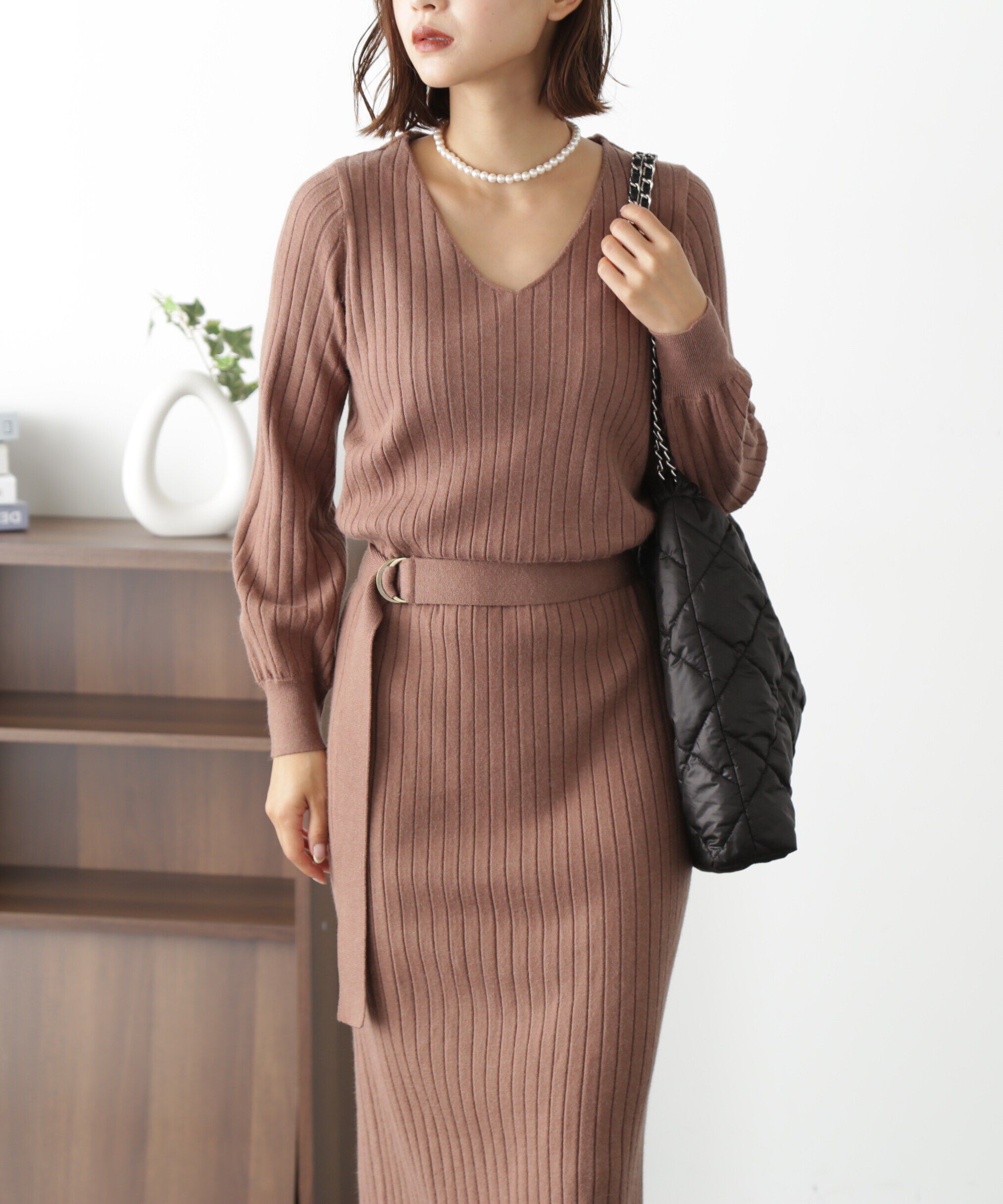  「ウォームストレッチリブブラウジングニットワンピース」|ワンピース|