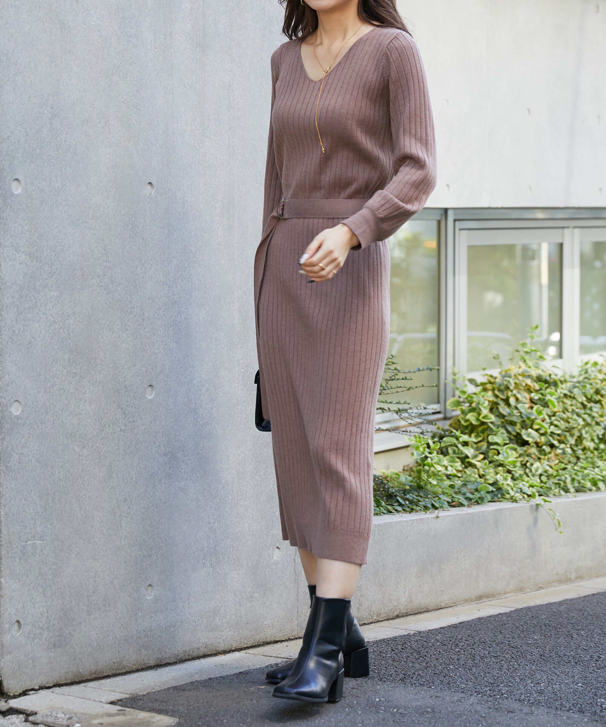  「ウォームストレッチリブブラウジングニットワンピース」|ワンピース|