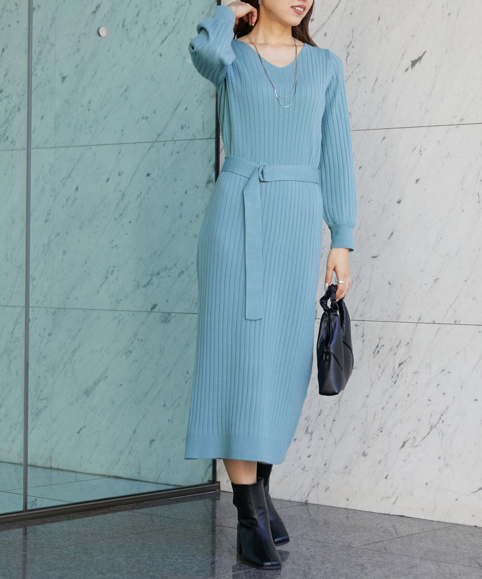  「ウォームストレッチリブブラウジングニットワンピース」|ワンピース|