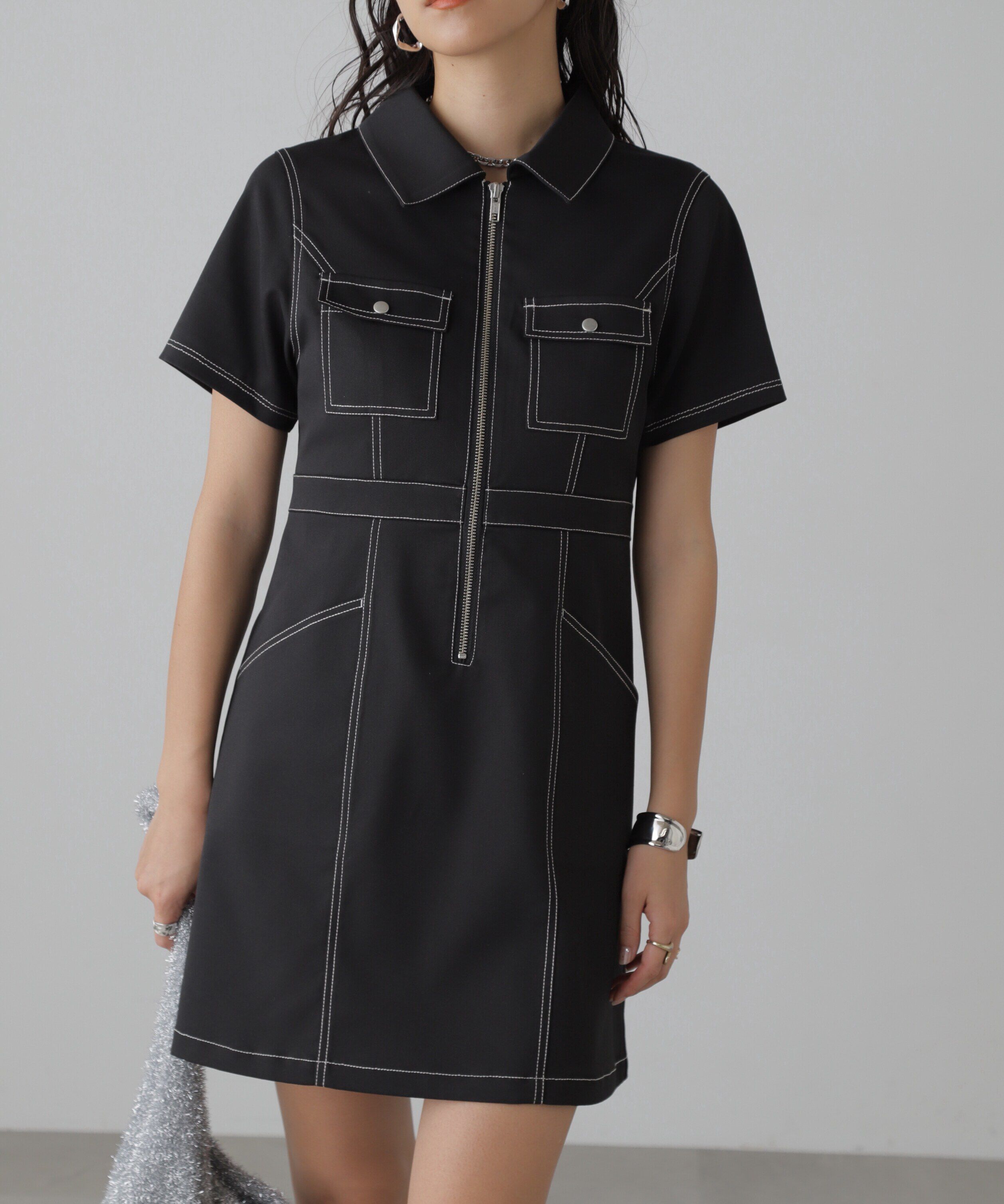  「配色ステッチジップ使いミニワンピース」|ワンピース|