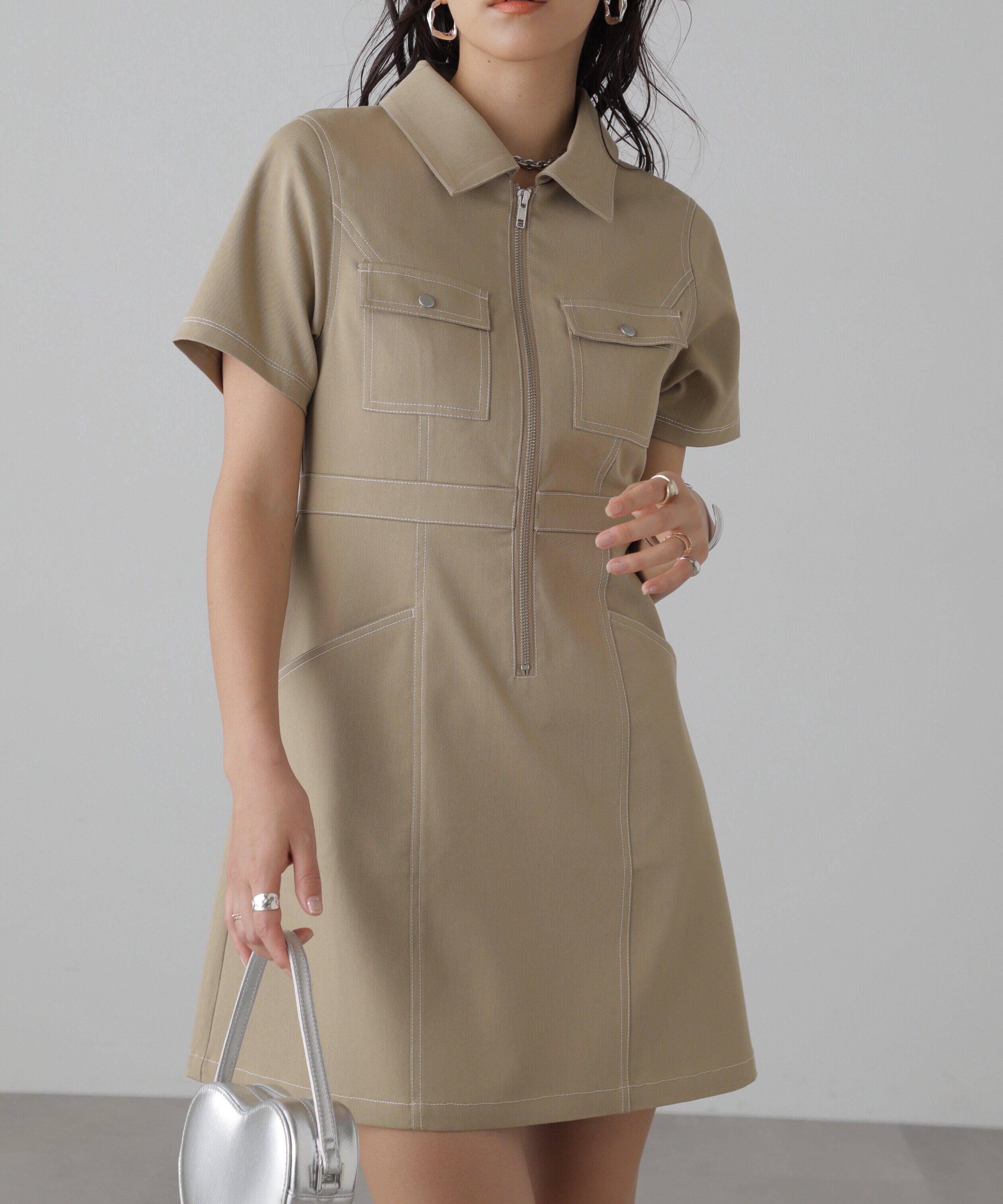  「配色ステッチジップ使いミニワンピース」|ワンピース|ベージュ