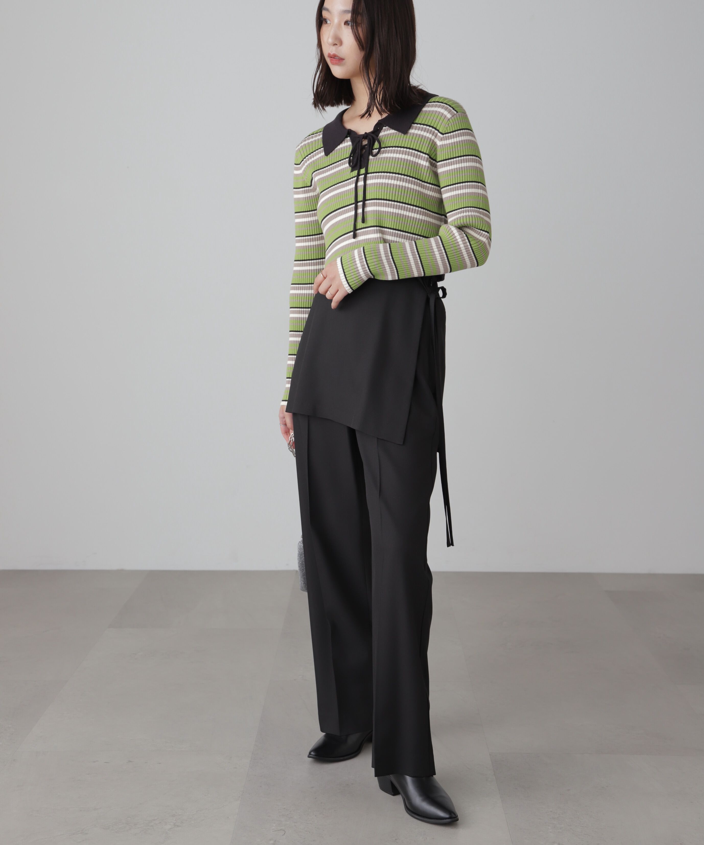  「マルチボーダーレースアップニット」|ニット・セーター|