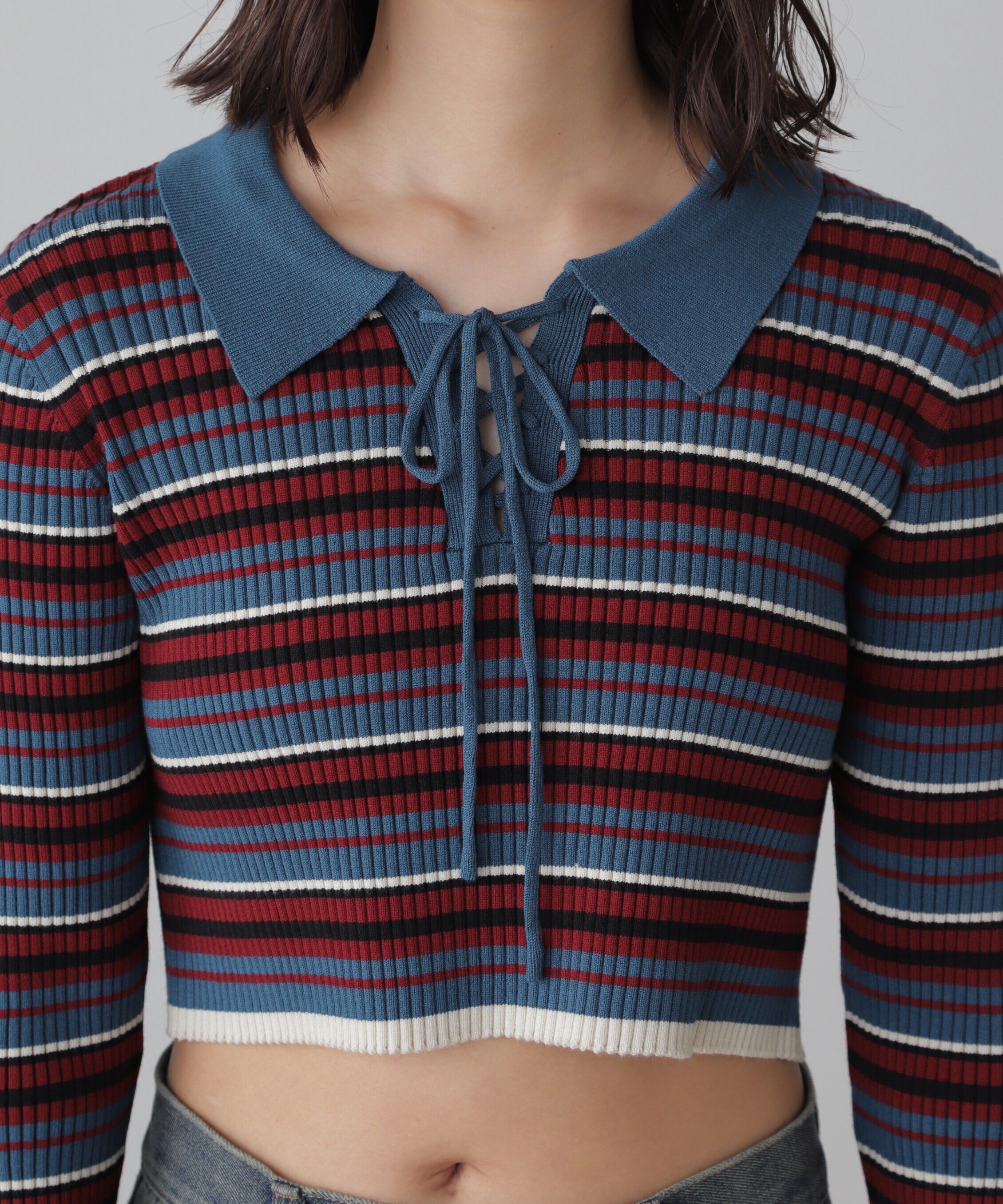  「マルチボーダーレースアップニット」|ニット・セーター|