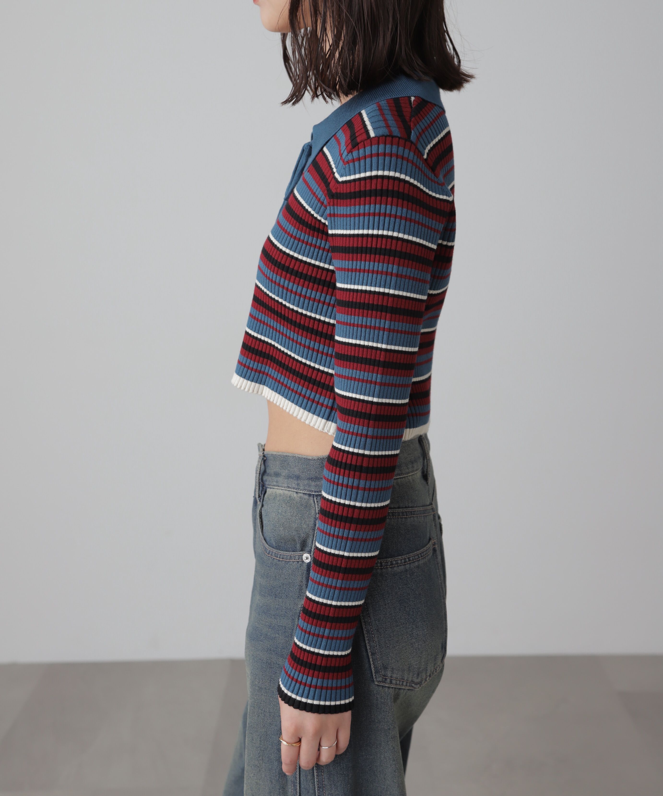  「マルチボーダーレースアップニット」|ニット・セーター|