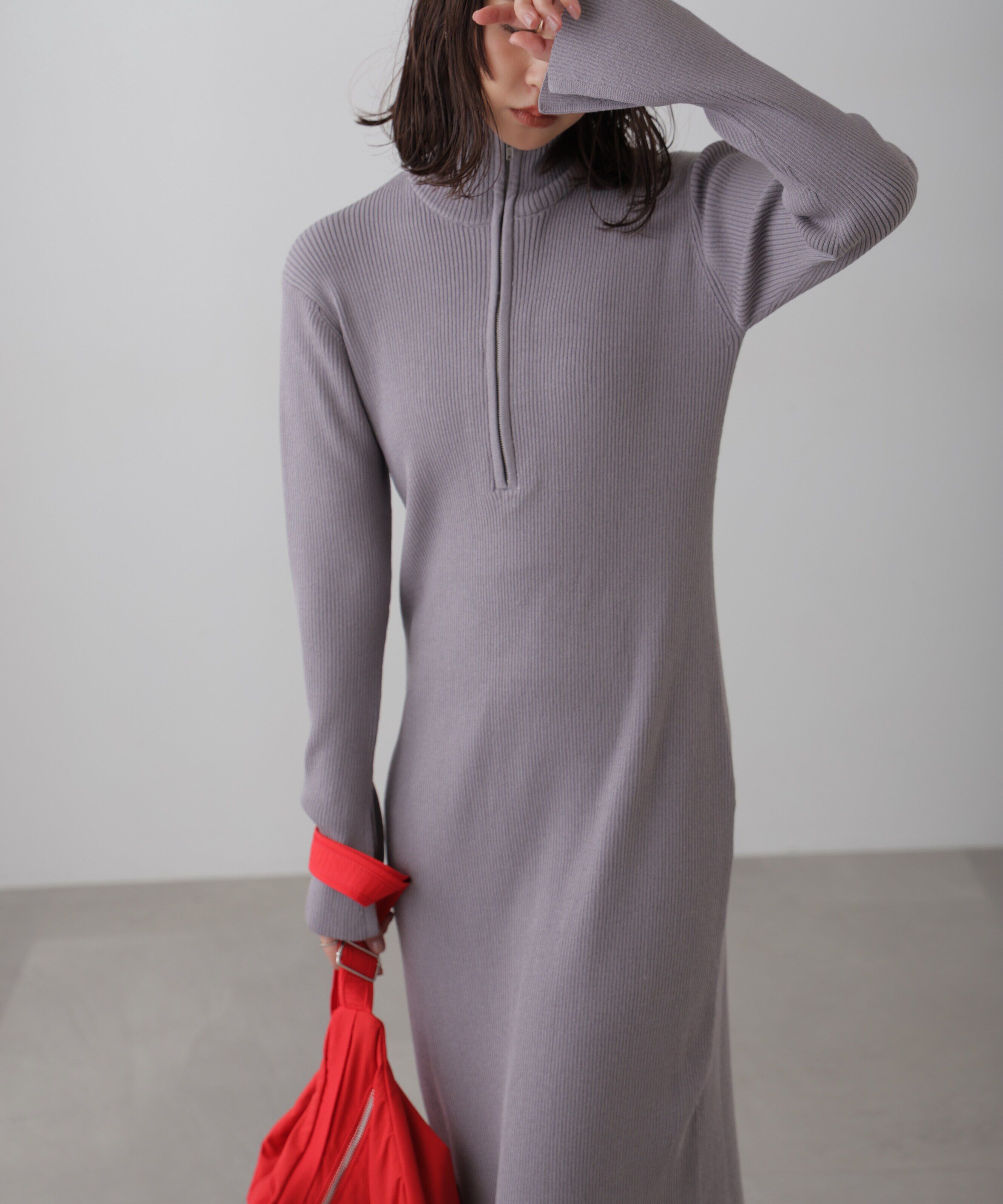  「ハーフジップロングニットワンピース」|ワンピース|グレー