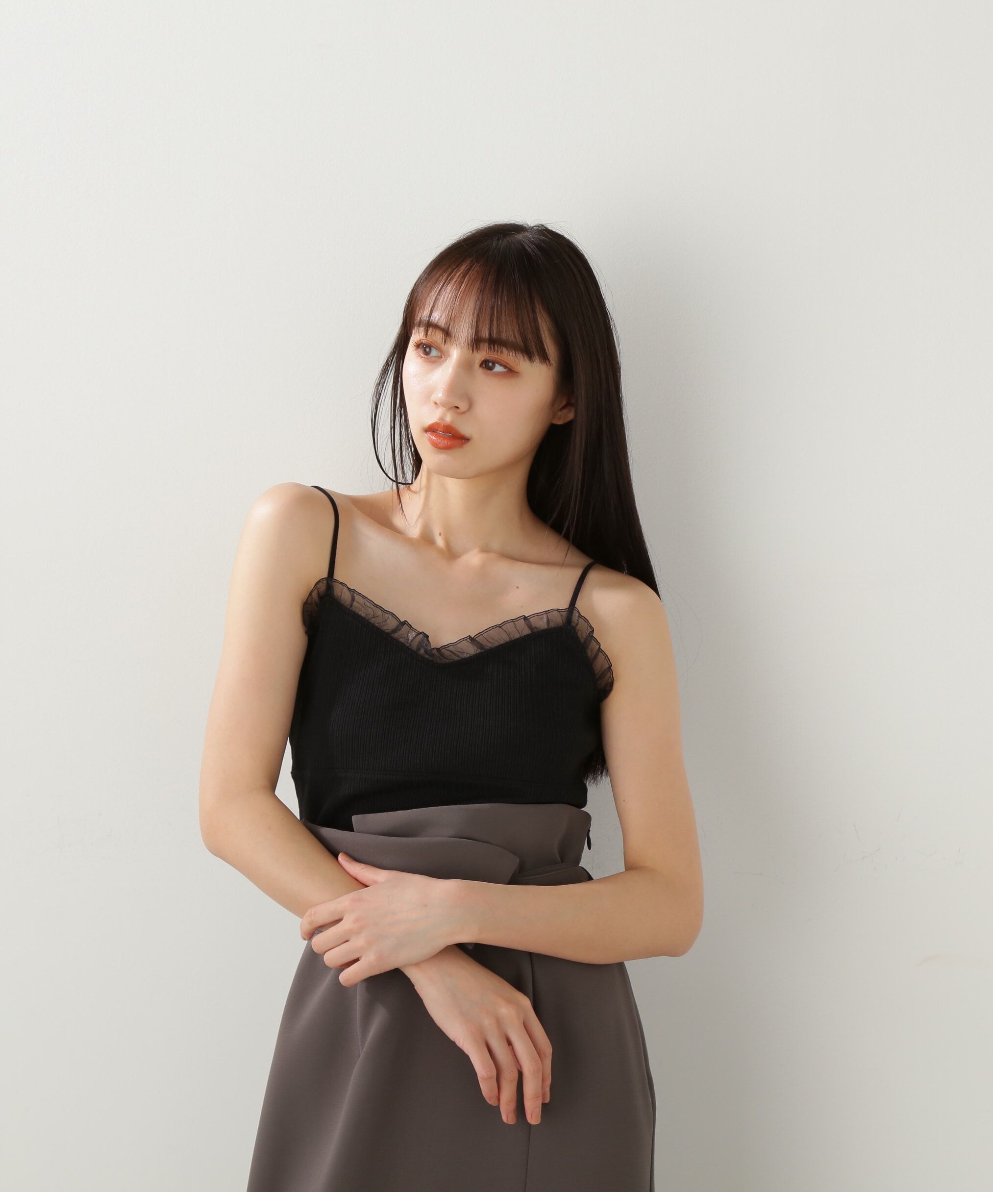  「オーガンジーフリルキャミソール」|Tシャツ・カットソー|ブラック