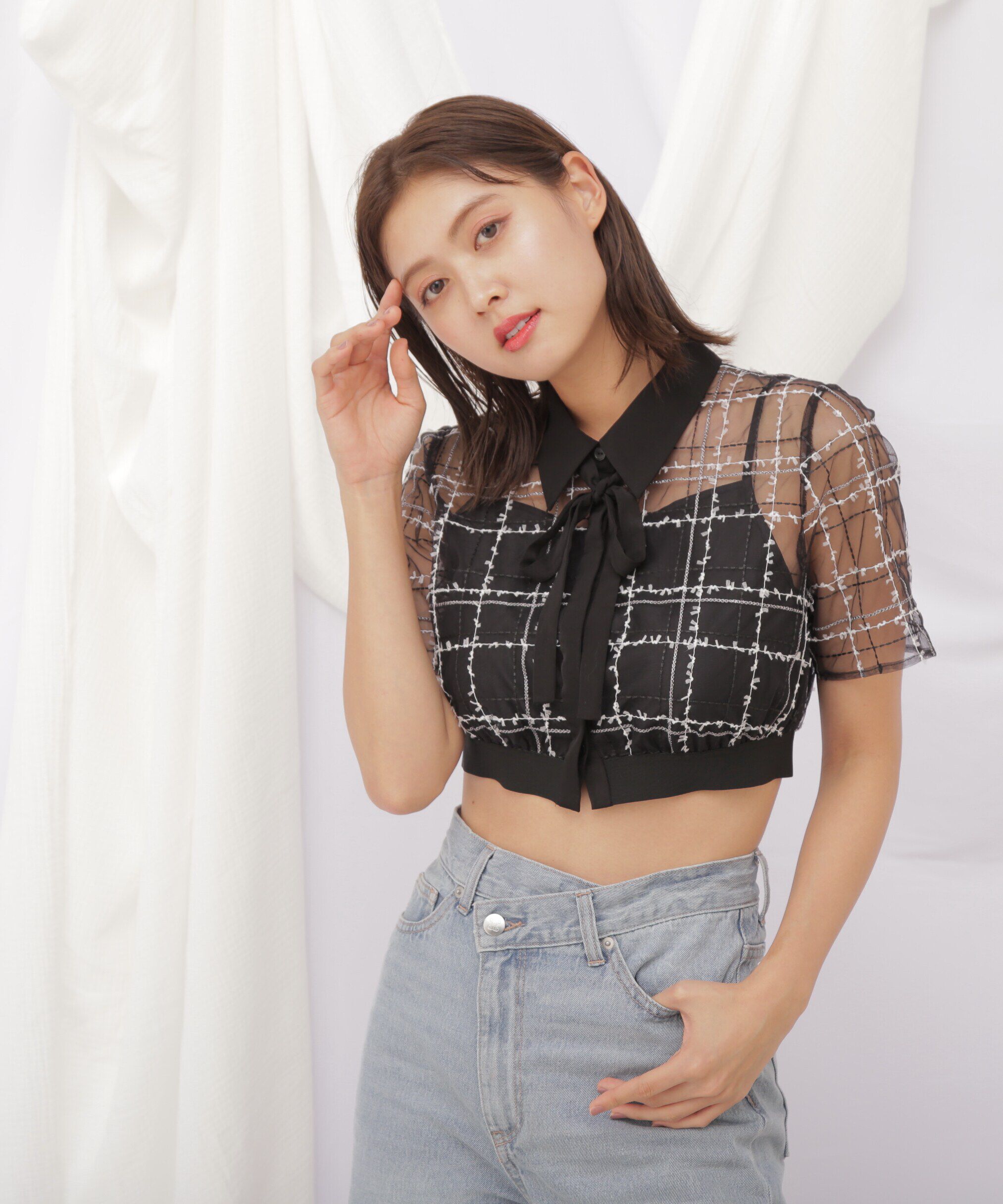  「◇シアーチェックショート丈ブラウス」|シャツ・ブラウス|