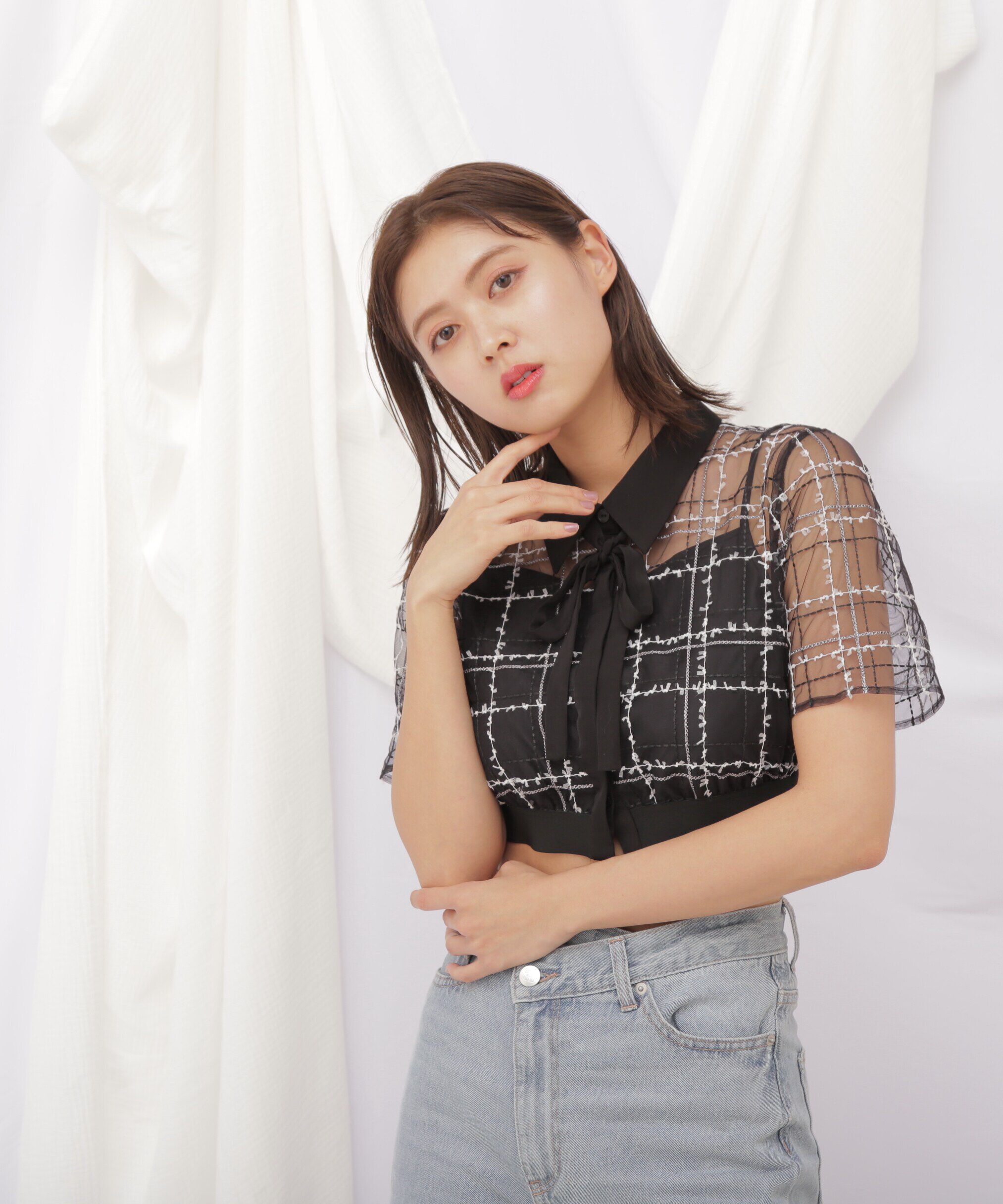  「◇シアーチェックショート丈ブラウス」|シャツ・ブラウス|