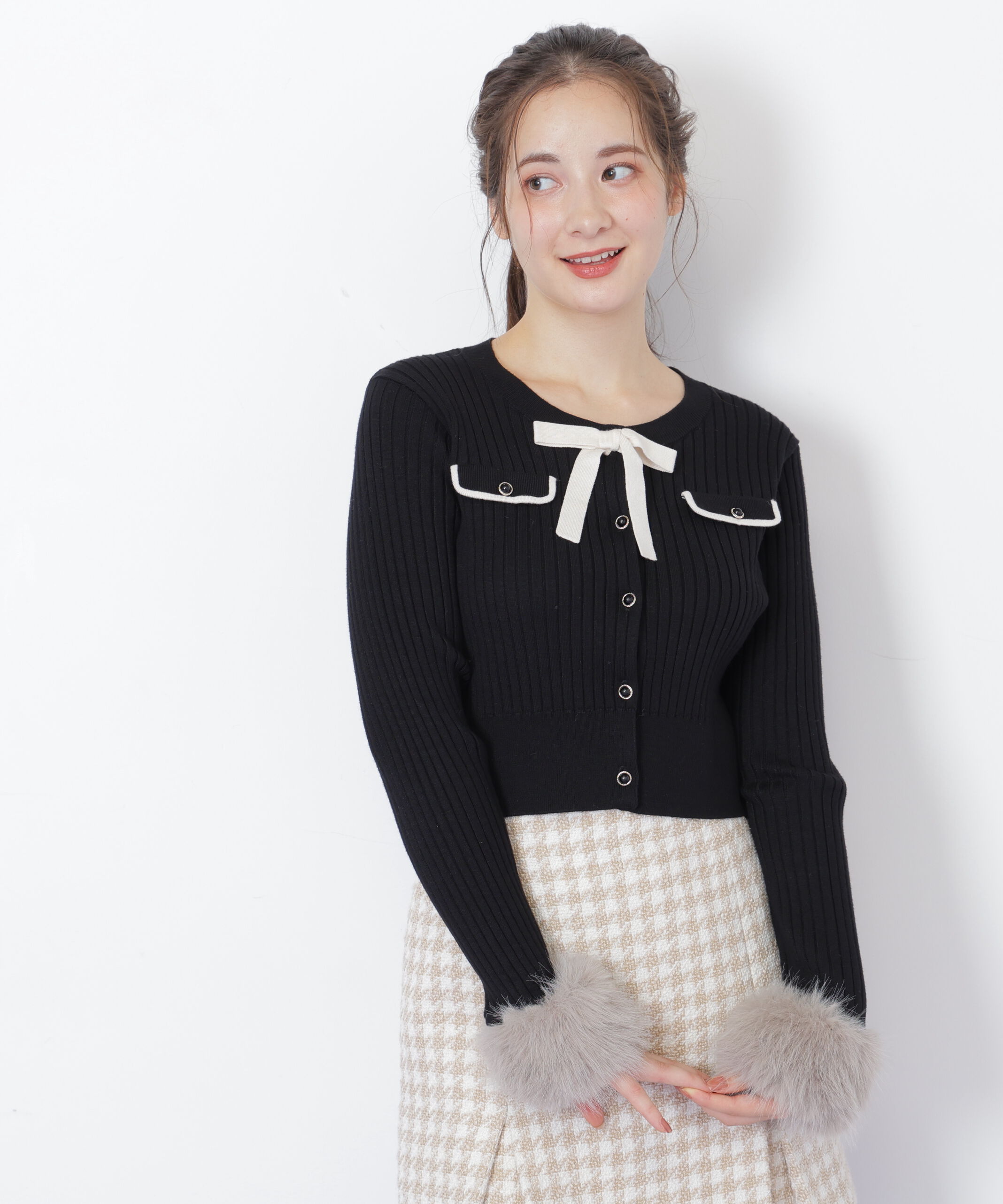  「袖フェイクファーカーデトップス」|ニット・セーター|