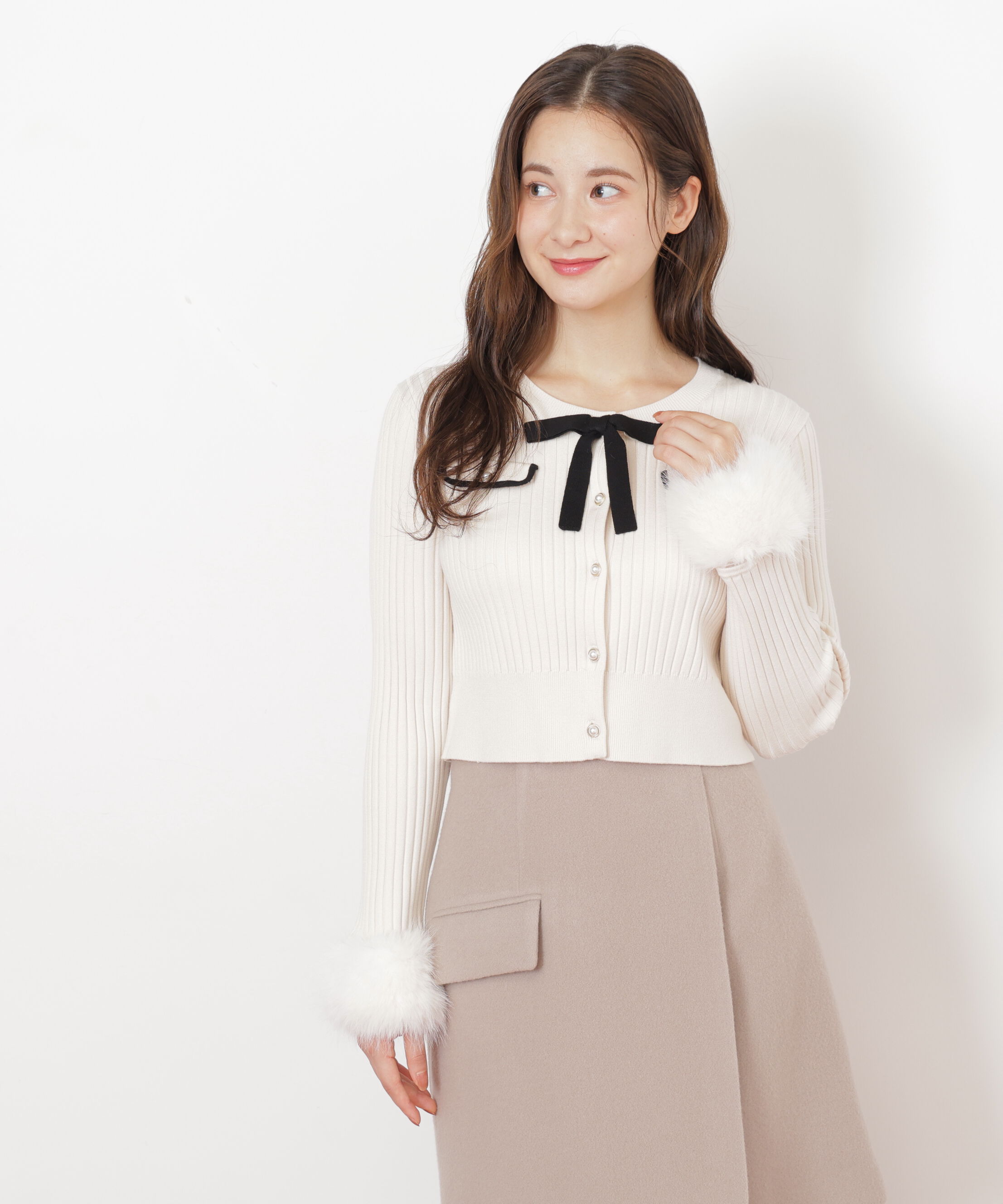  「袖フェイクファーカーデトップス」|ニット・セーター|
