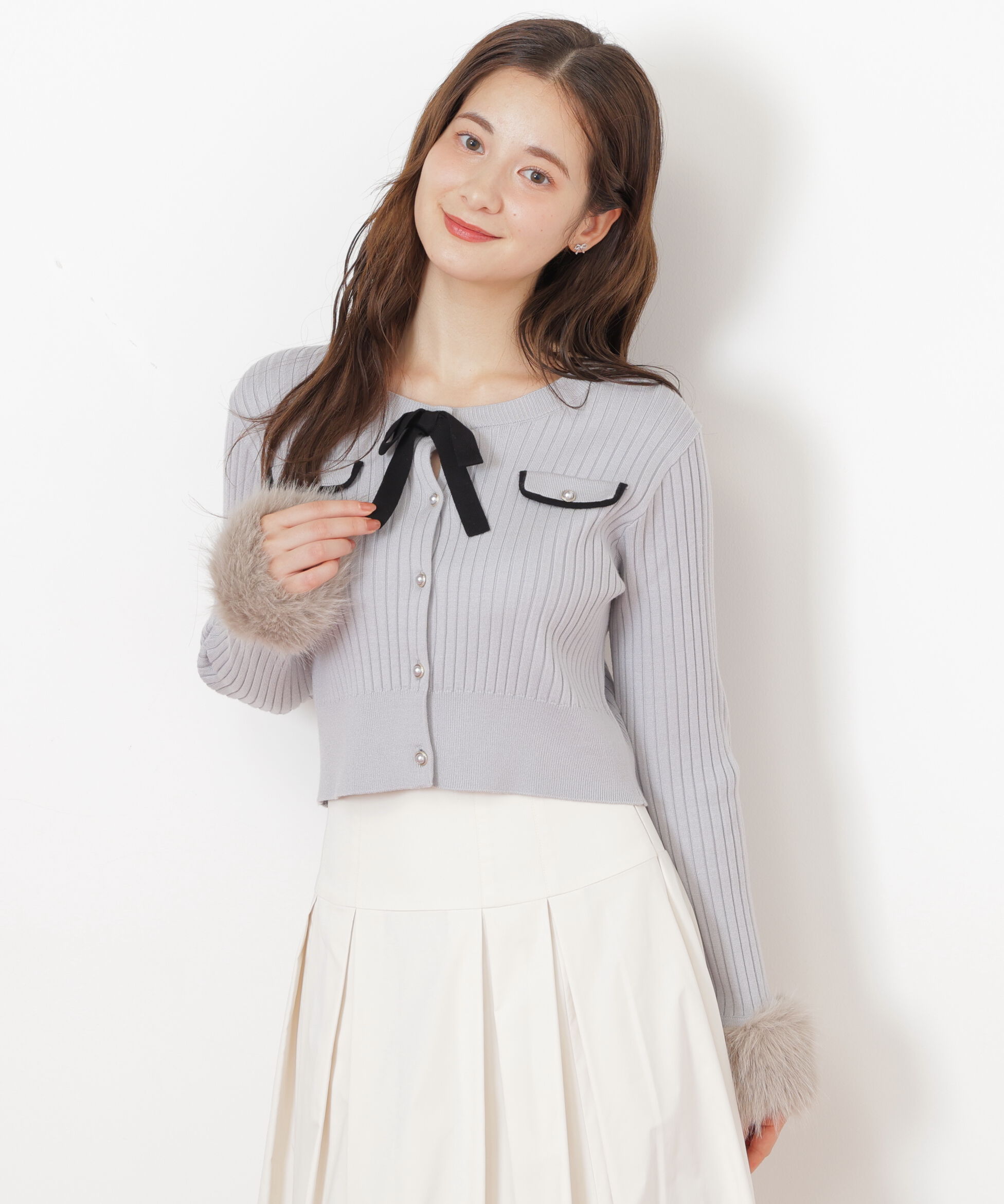  「袖フェイクファーカーデトップス」|ニット・セーター|ブルー