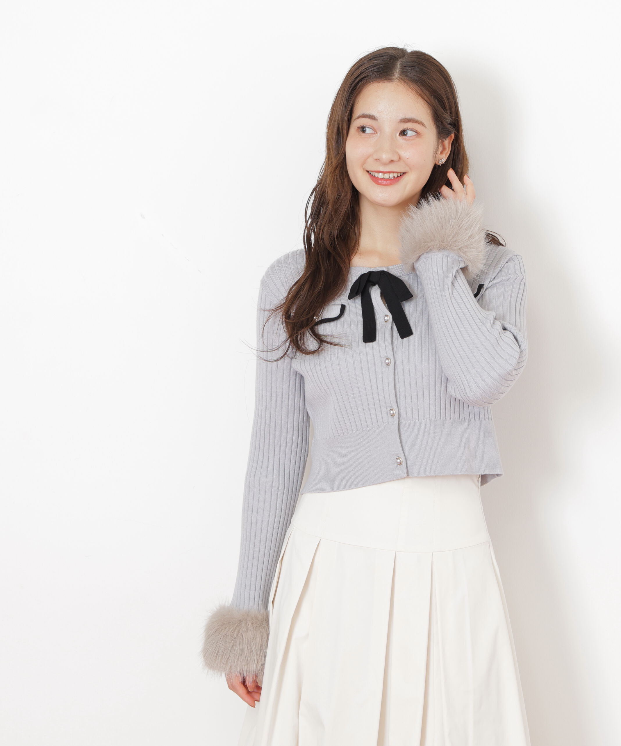  「袖フェイクファーカーデトップス」|ニット・セーター|