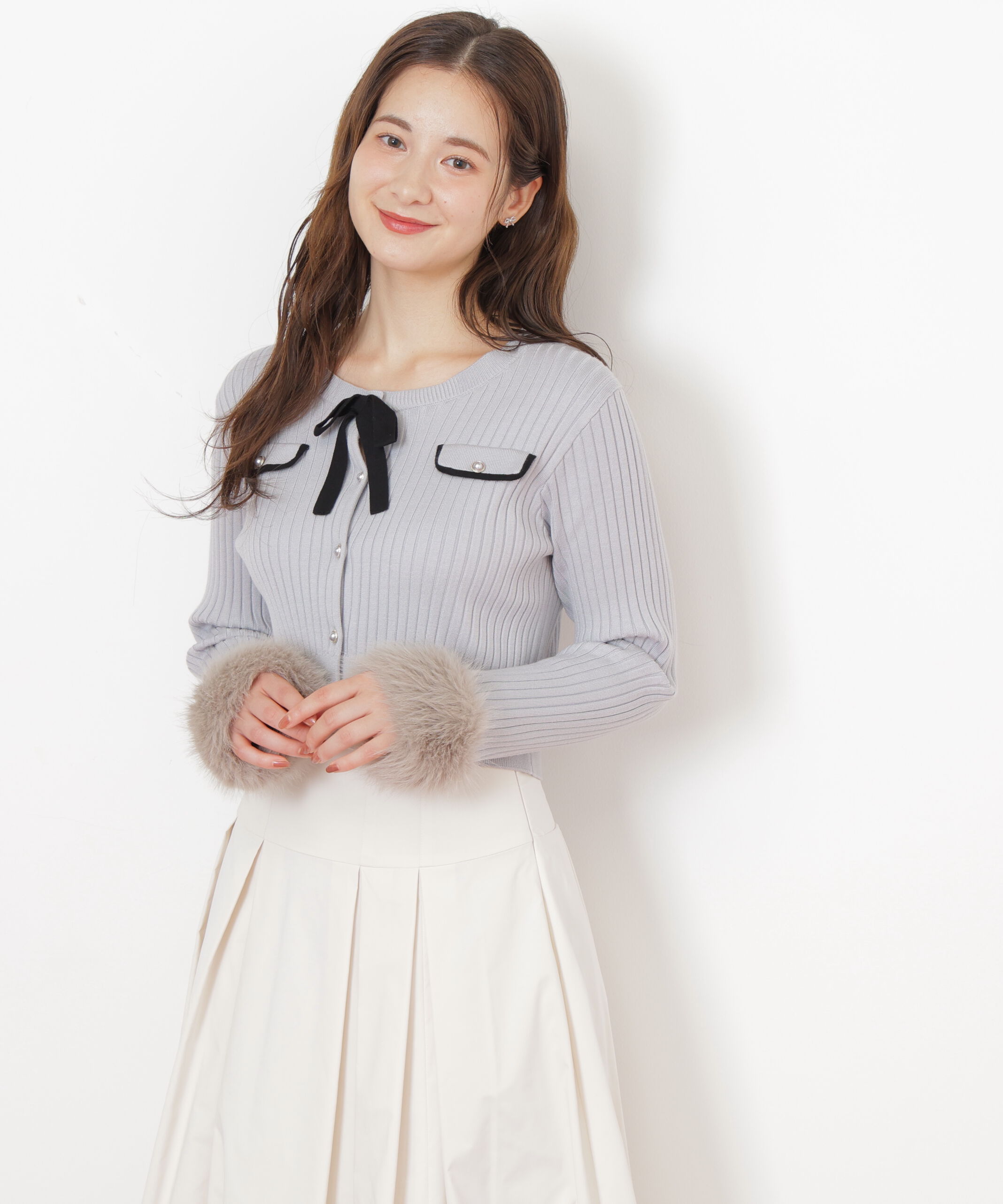  「袖フェイクファーカーデトップス」|ニット・セーター|