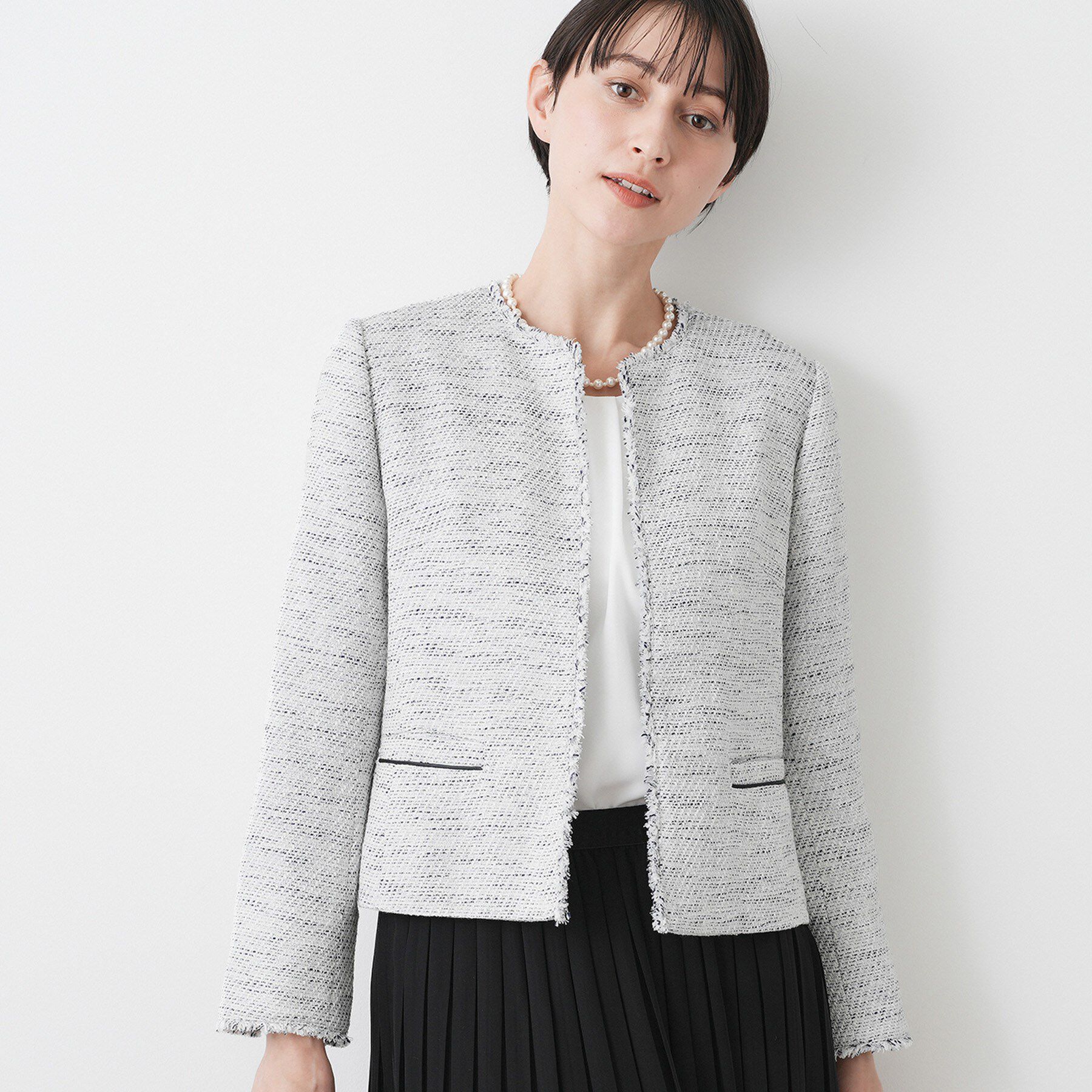 Dessin「【入卒／セレモニー／セットアップ可能】ツイードクルーネックジャケット」|ノーカラージャケット|ブラック(519)