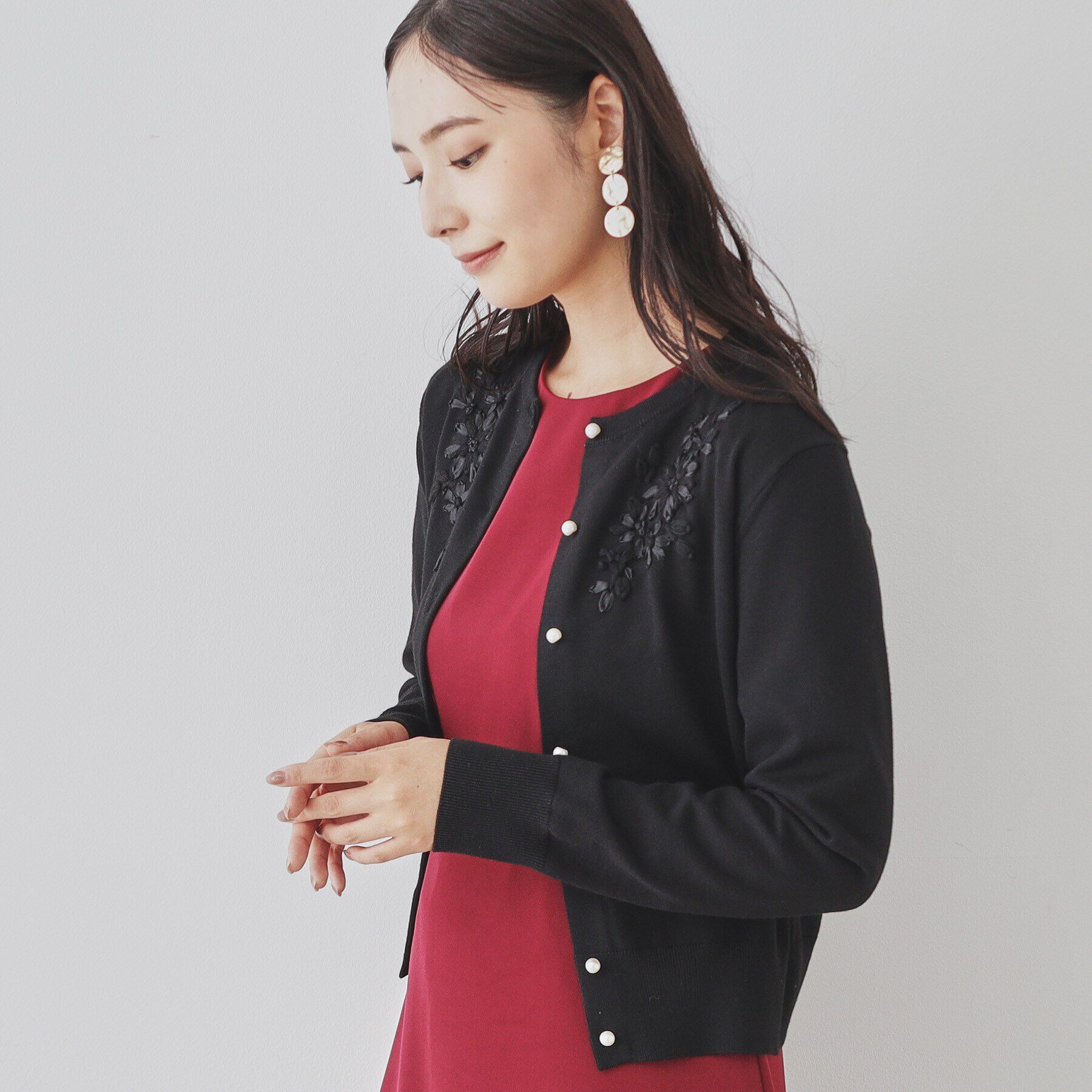 SunaUna「【SS～Lサイズ展開／リボン刺繍】クラフトニット」|カーディガン|ﾌﾞﾗｯｸ(019)