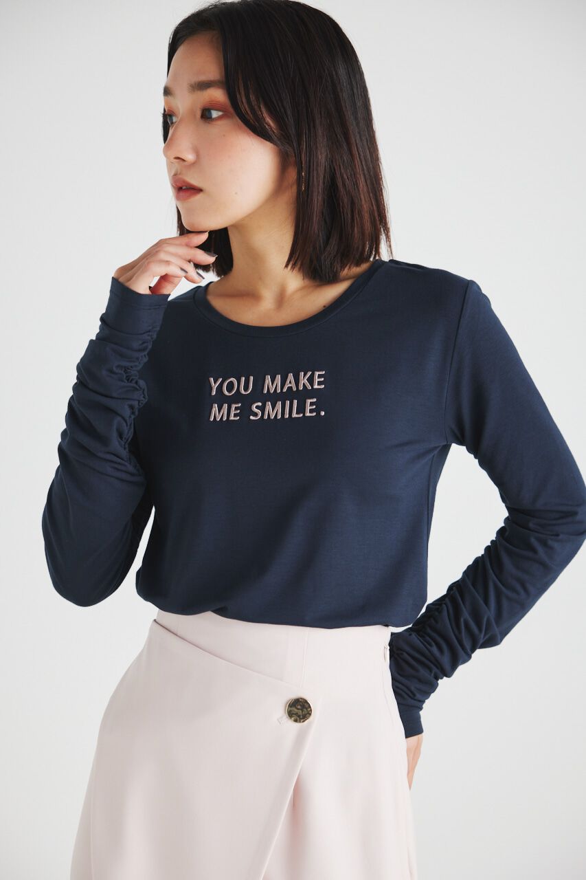 rienda「ギャザースリーブロゴロンT」|Tシャツ・カットソー|