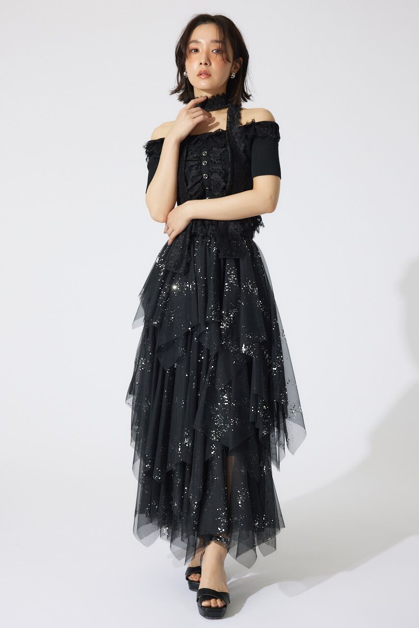 rienda「ニュアンスランダムチュールジャストウエストスカート」|スカート|BLK