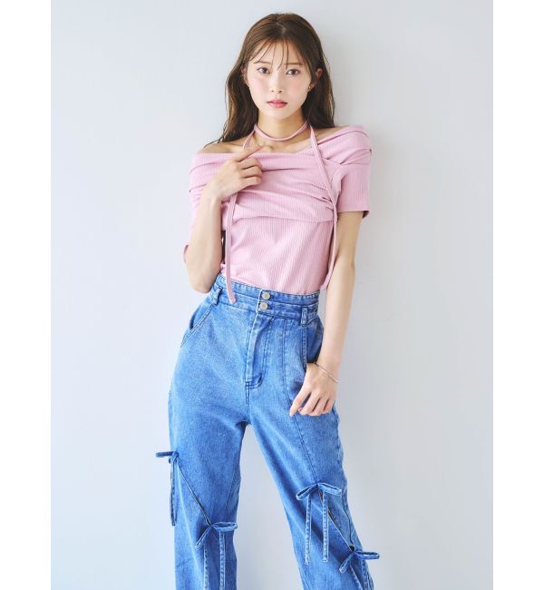 dazzlin「チョーカー付きオフショルドレープカットプルオーバー」|Tシャツ・カットソー|