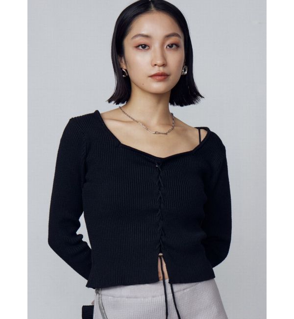 EMODA「レースアッププリントリブニット」|ニット・セーター|ブラック