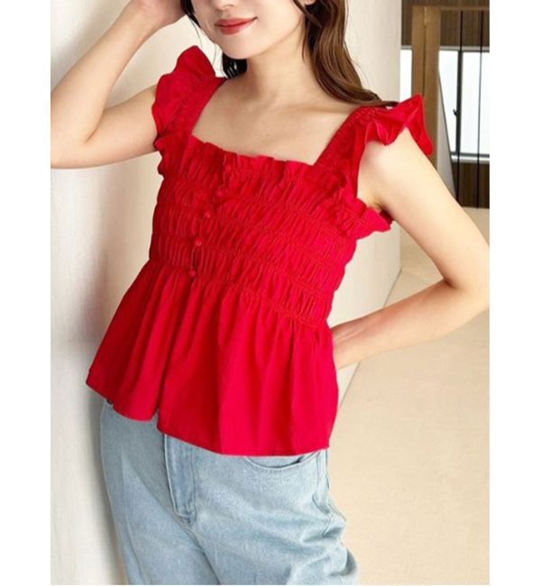 MERCURYDUO「シャーリングフリルバックシャンブラウス」|シャツ・ブラウス|レッド