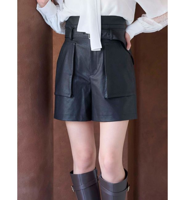 MERCURYDUO「フェイクレザーハイウエストワークショートパンツ」|その他|ブラック