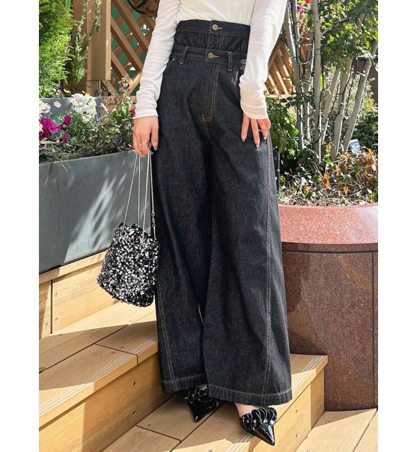 LAGUNAMOON「ハイウエストデニムバギーパンツ」|デニム|ブラック