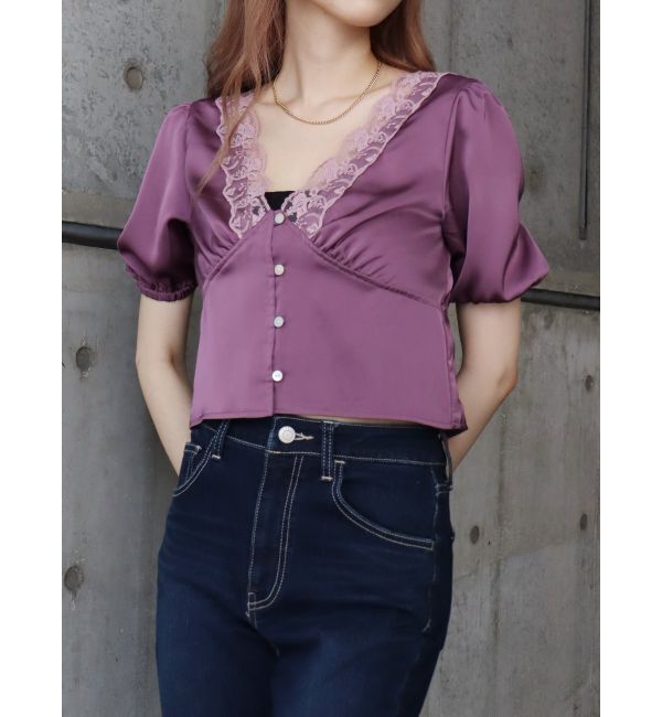 EVRIS「サテンレーストップス」|シャツ・ブラウス|ピンク