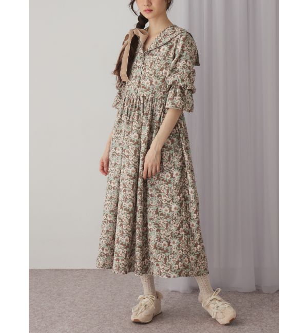 merry jenny「floralセーラーギャザーパフワンピース」|ワンピース|ブラウン