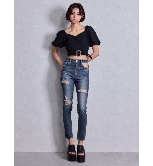 GYDA「ハイウエストcut out poketダメージスキニーデニムパンツ」|デニム|